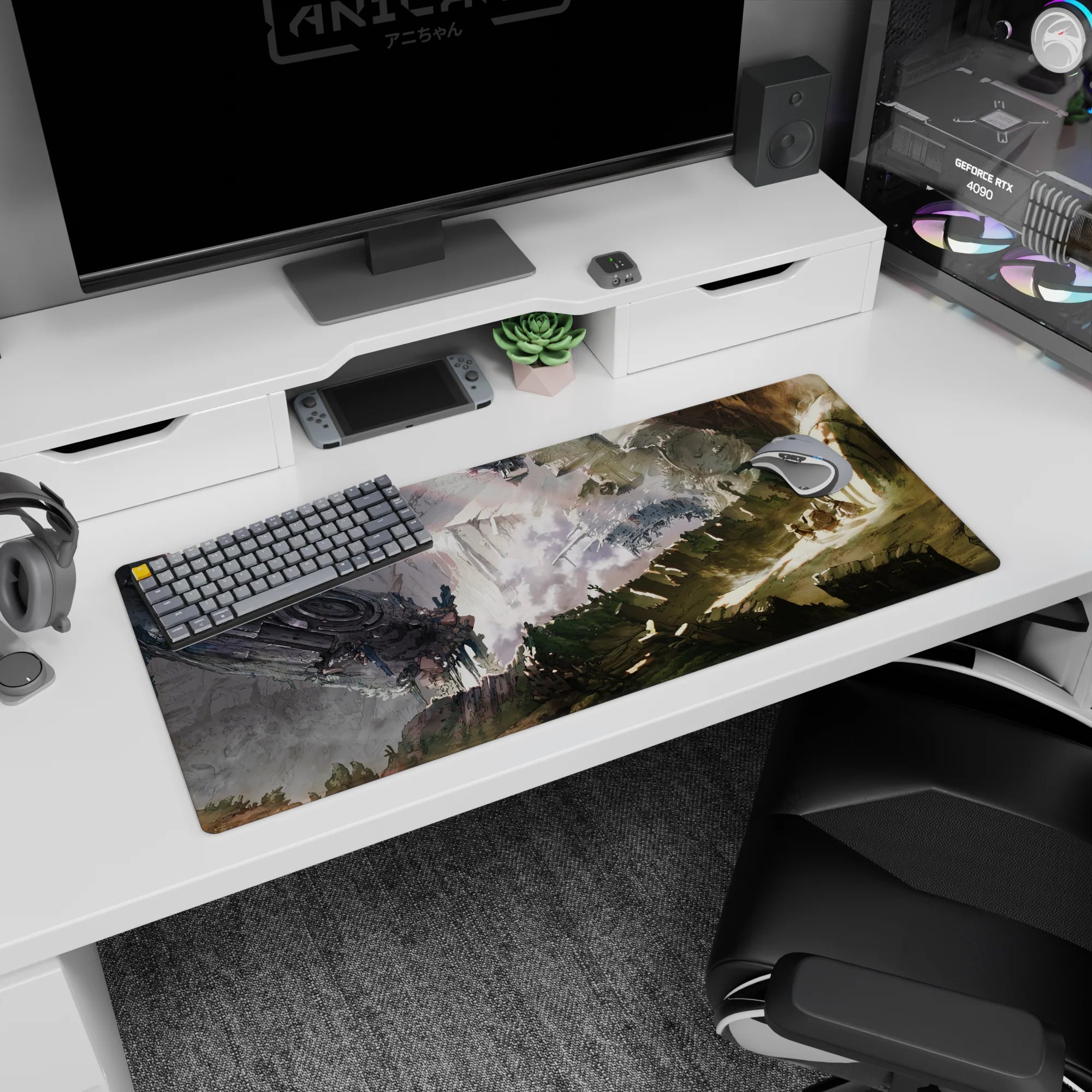 Anime desk pad 36x16 inches showing tiny travelers marching toward a massive circular gate under smoke.