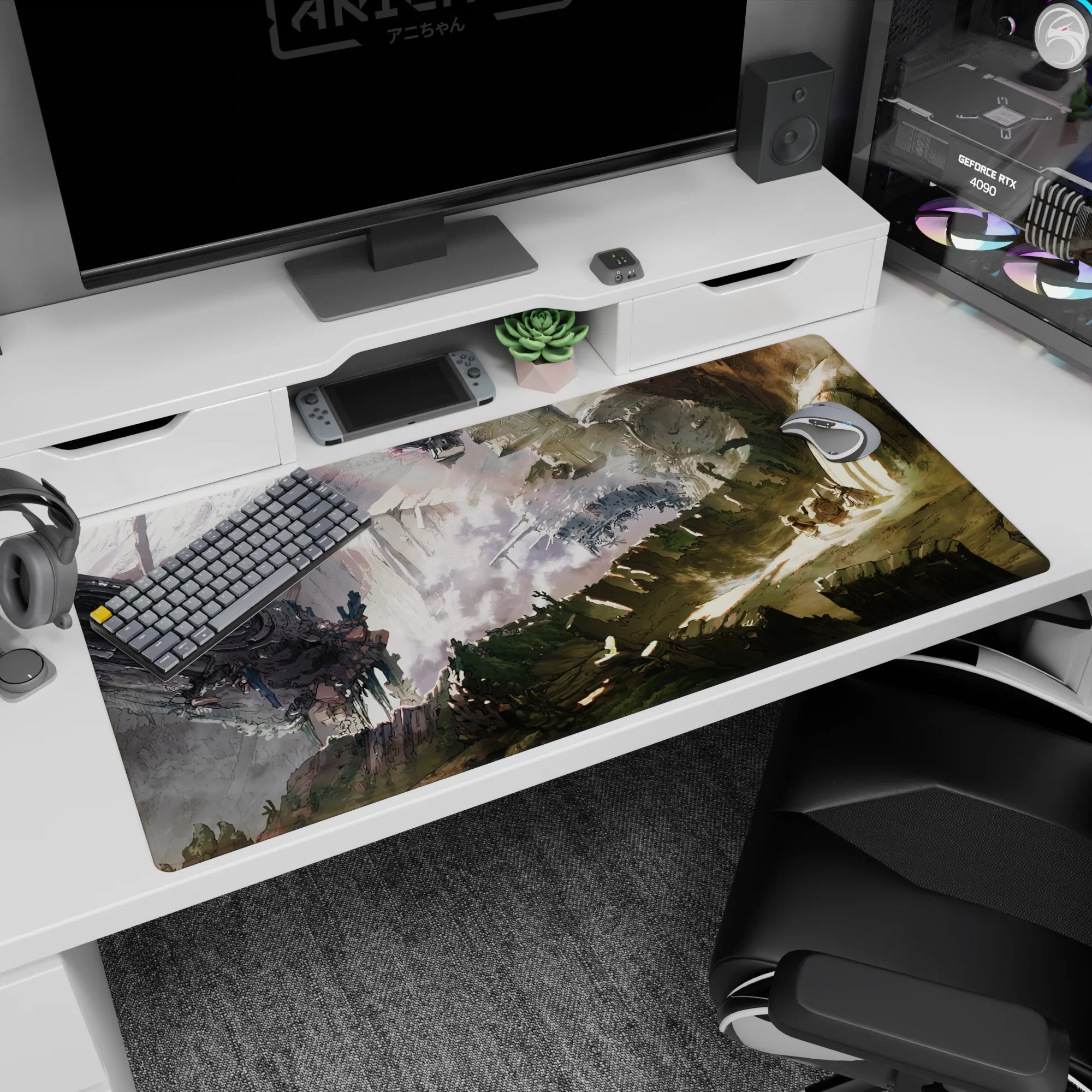 40x20 inches anime desk pad showing tiny travelers nearing a massive gate beneath smoke and torn hulls.