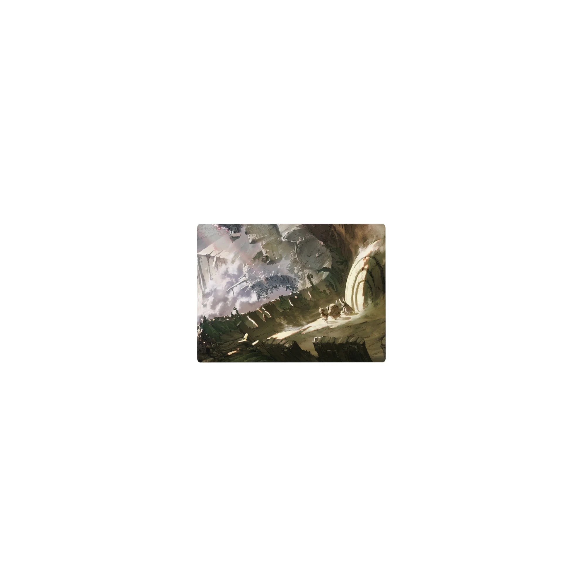 Classic anime mouse pad 14x10 inches with wasteland cliffs, wrecked steel hulls, and a giant circular gate.