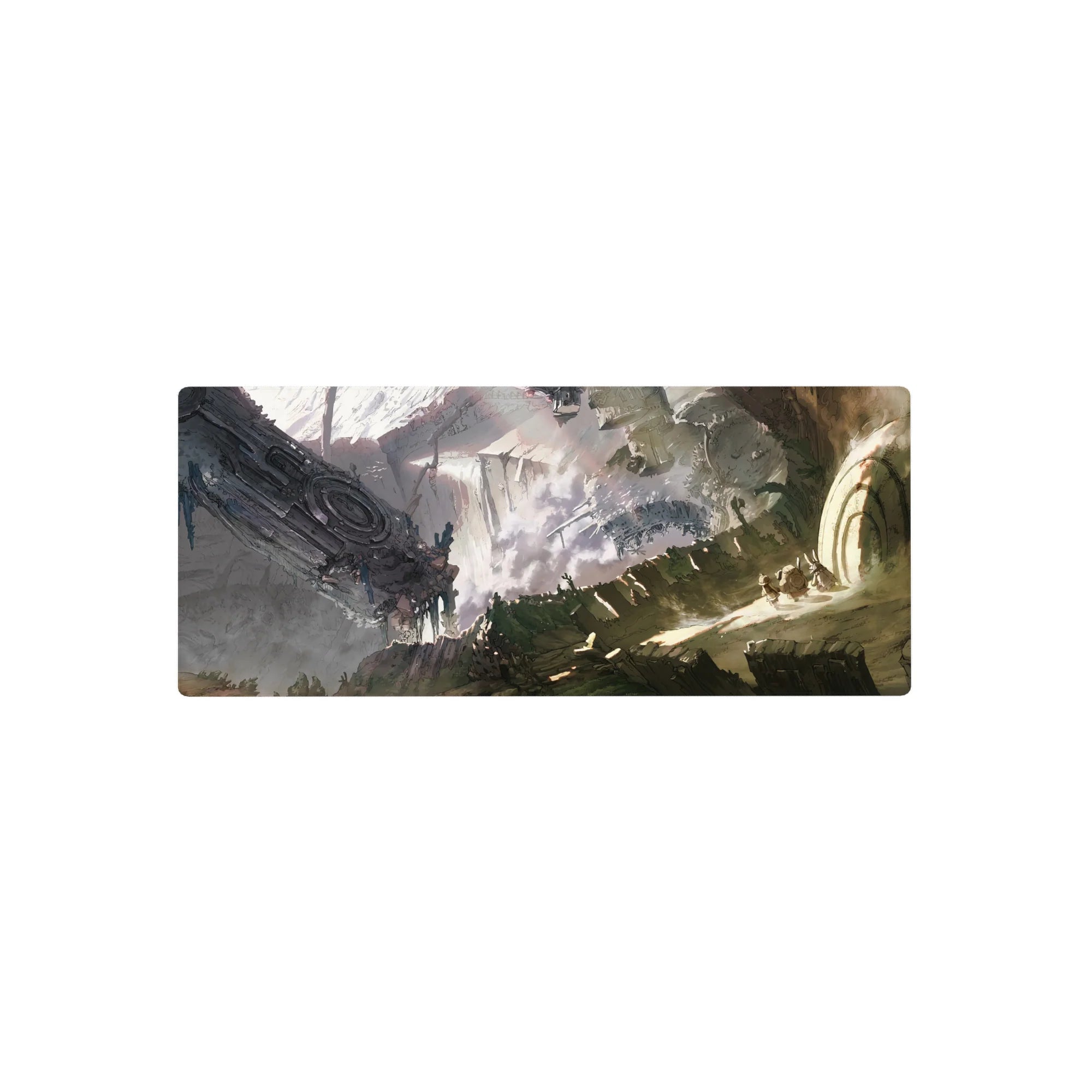 28x12 inches anime mouse pad with wasteland ruins, jagged cliffs, broken steel hulls, and a giant circular gate.