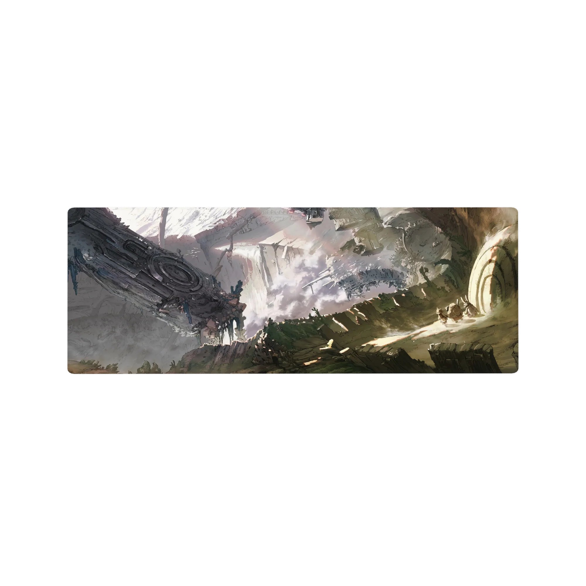 Anime mouse pad 32x12 inches with wasteland cliffs, wrecked steel hulls, and a giant circular gate scene.