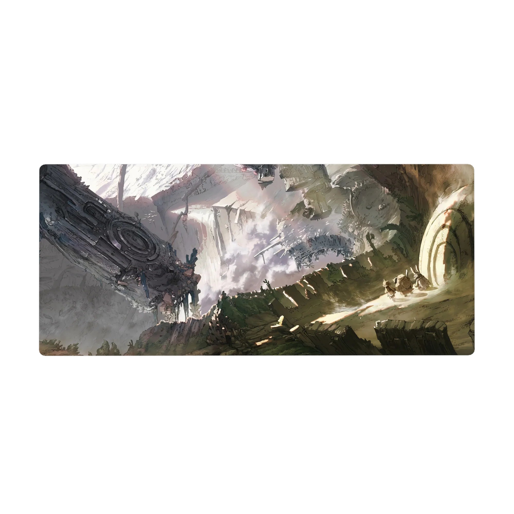 Anime desk pad 36x16 inches with wasteland cliffs, wrecked steel hulls, and a huge circular gate scene.