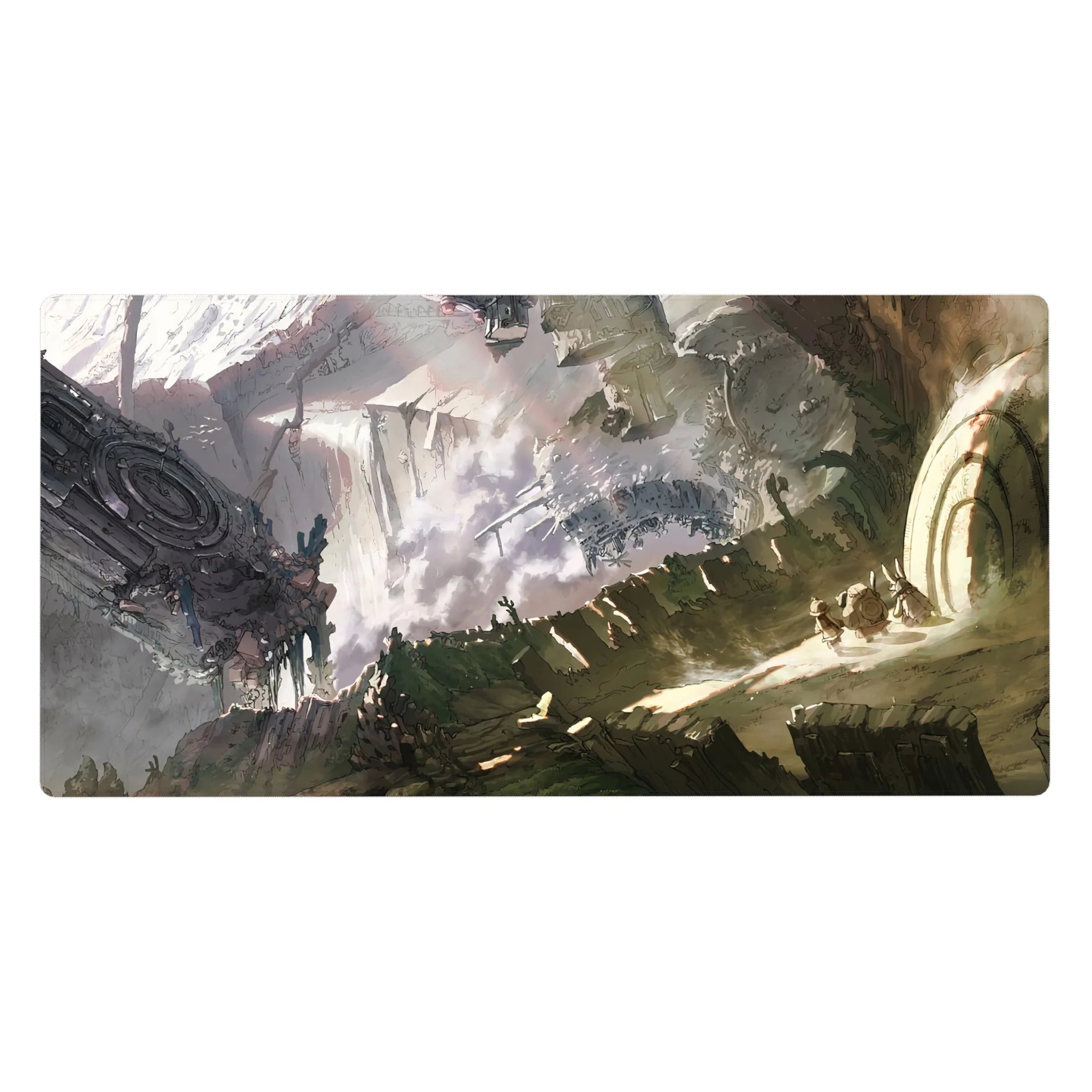 40x20 inches anime desk pad with wasteland ruins, jagged cliffs, and a giant circular gate scene.