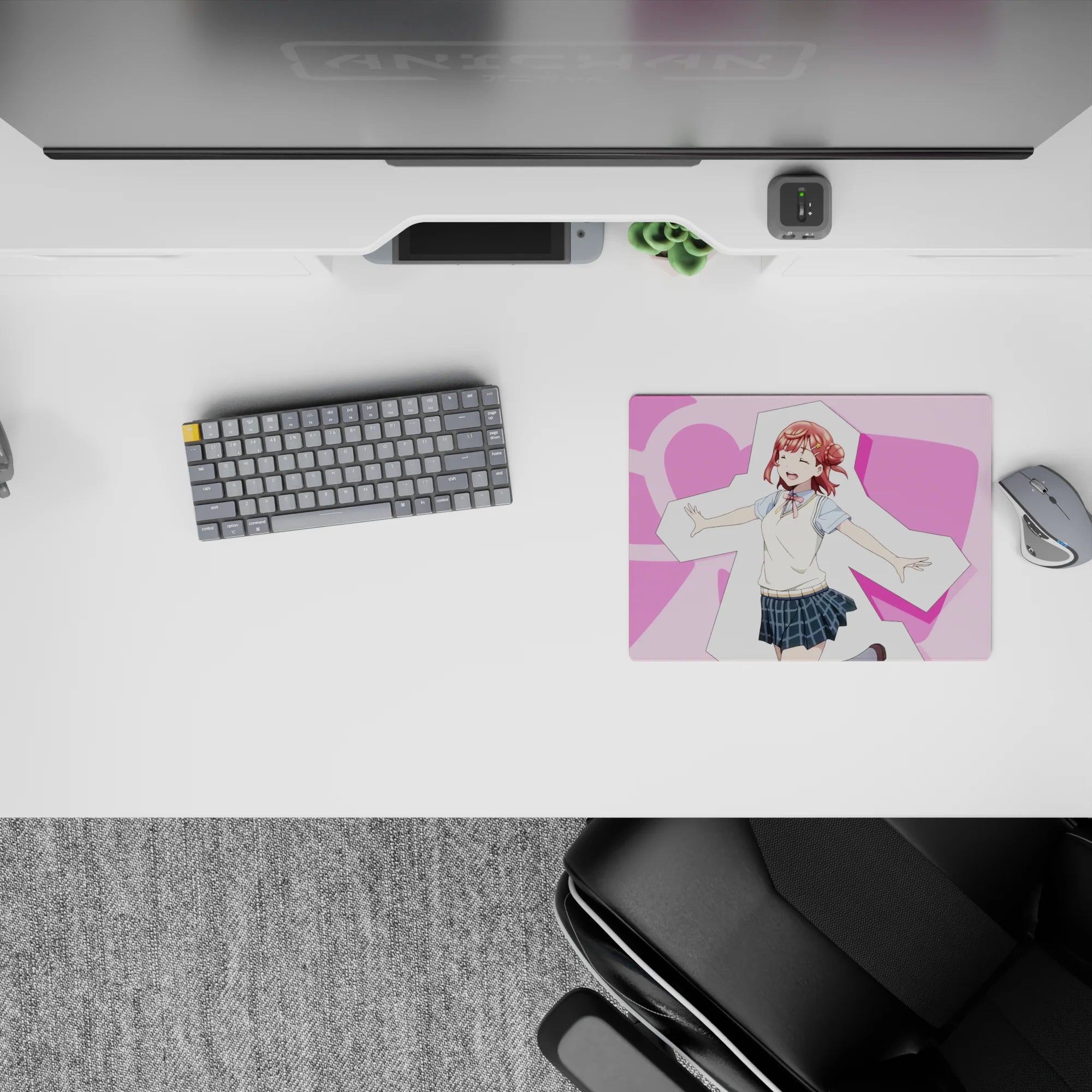 Cute pink heart background anime mouse pad 14x10 inches, cozy cheerful vibe with cream vest and blue plaid skirt.