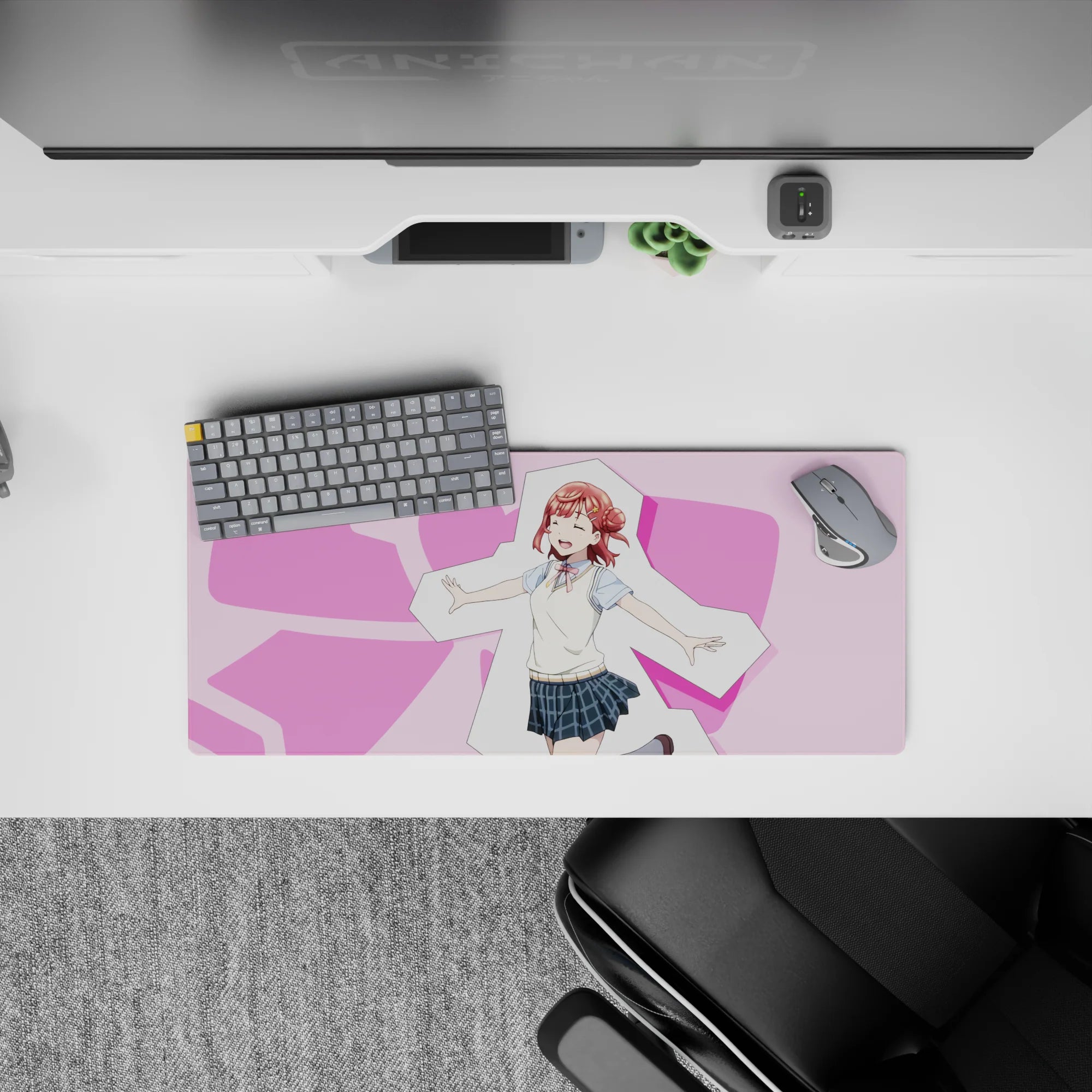 Pink hearts and cozy idol vibe anime girl mouse pad 28x12 inches in soft pastel colors.
