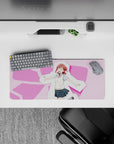 Pink hearts and cozy idol vibe anime girl mouse pad 28x12 inches in soft pastel colors.