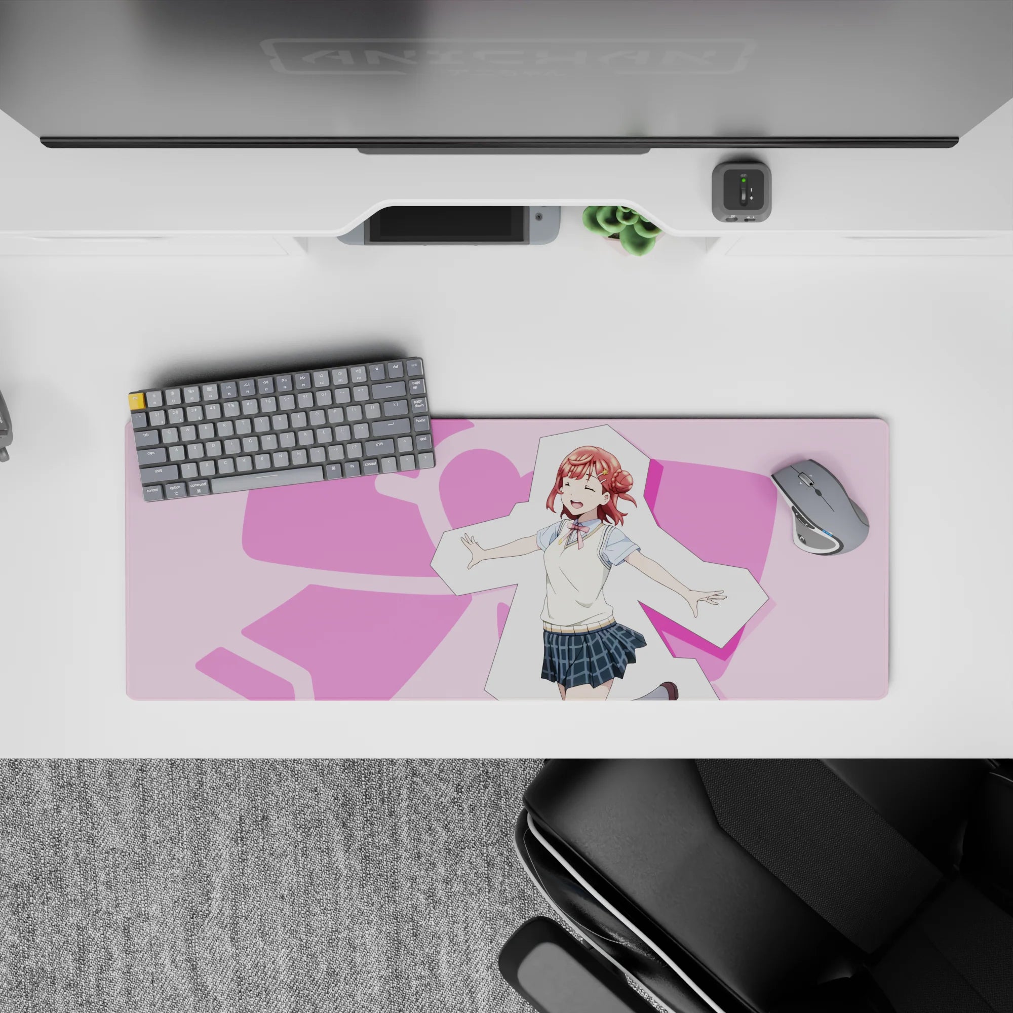32x12 inches kawaii desk mat in soft pink and cream tones, cheerful idol vibe with chunky heart shapes.