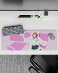 32x12 inches kawaii desk mat in soft pink and cream tones, cheerful idol vibe with chunky heart shapes.