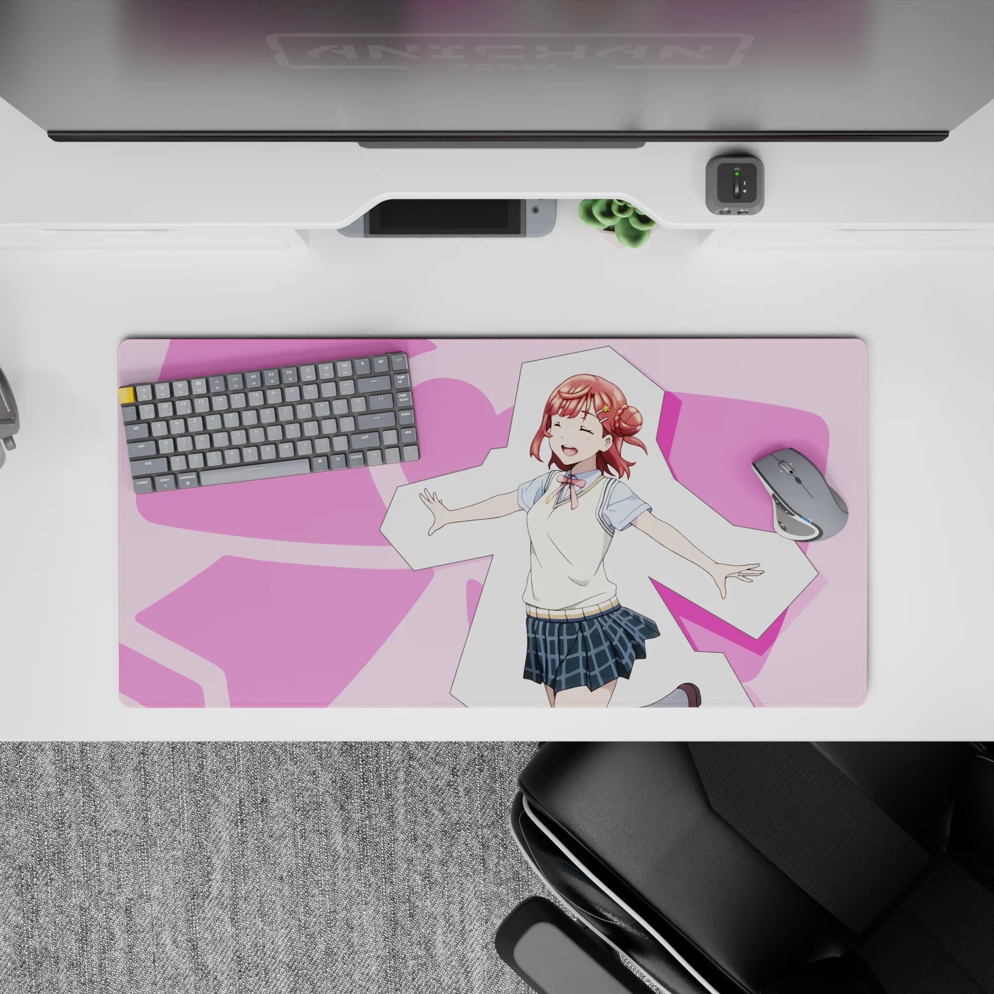 32x16 inches kawaii desk mat in soft pink and cream, cheerful vibes with blue plaid accents.