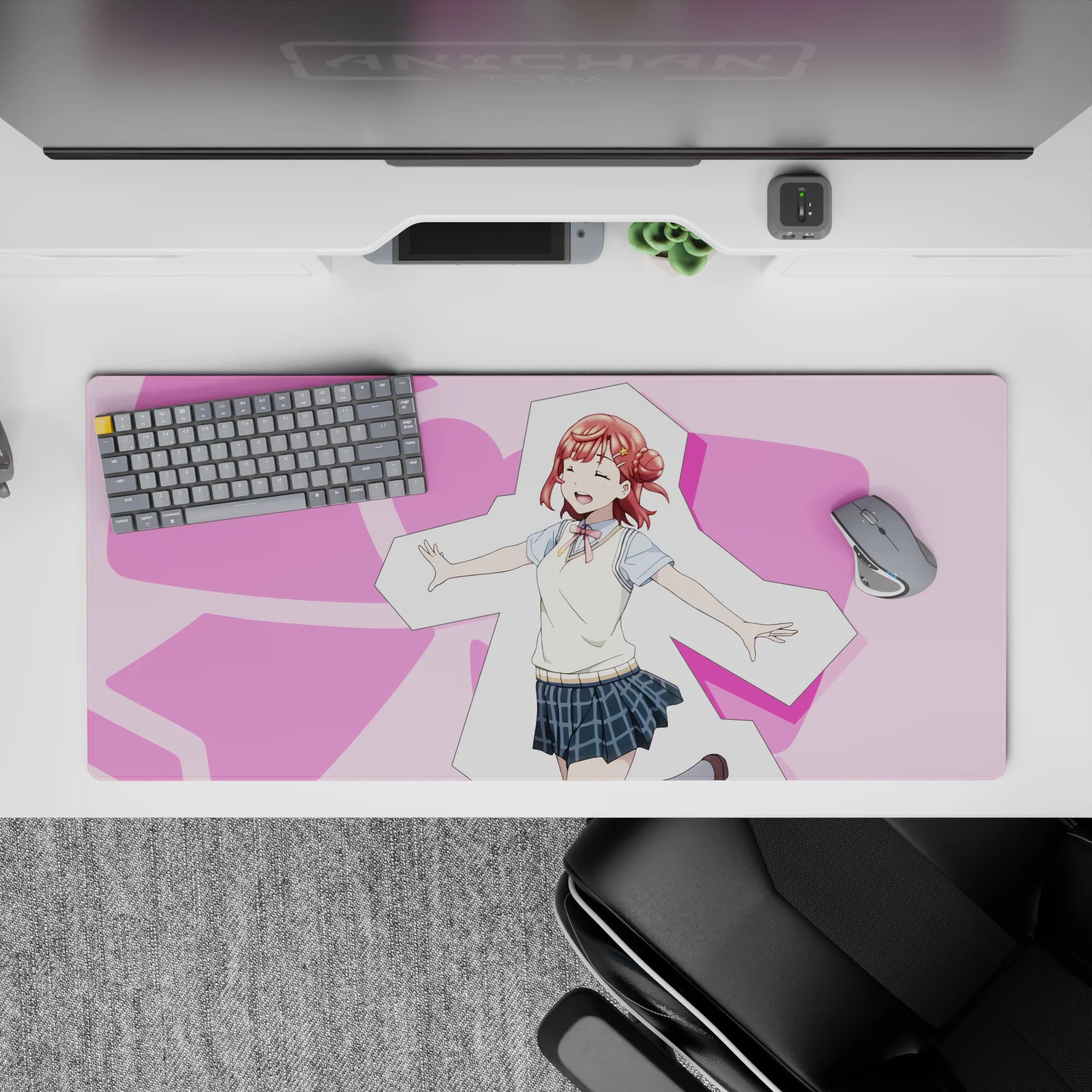 36x16 inches kawaii desk pad in soft pink hearts, cream and blue plaid tones, cozy cheerful vibe.