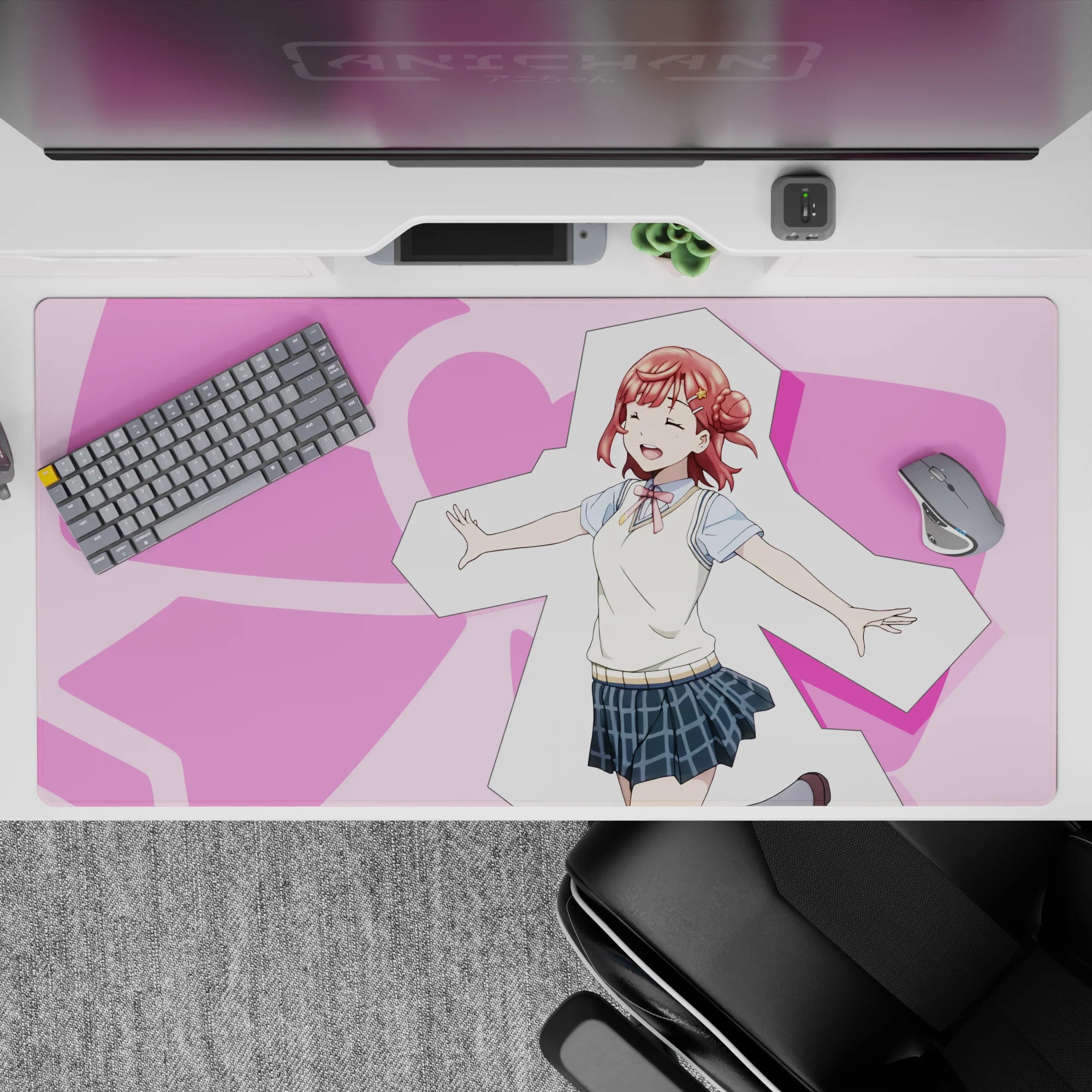 40x20 inches kawaii desk pad in soft pink and cream with blue plaid accents, cozy cheerful vibe.