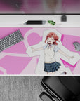 40x20 inches kawaii desk pad in soft pink and cream with blue plaid accents, cozy cheerful vibe.