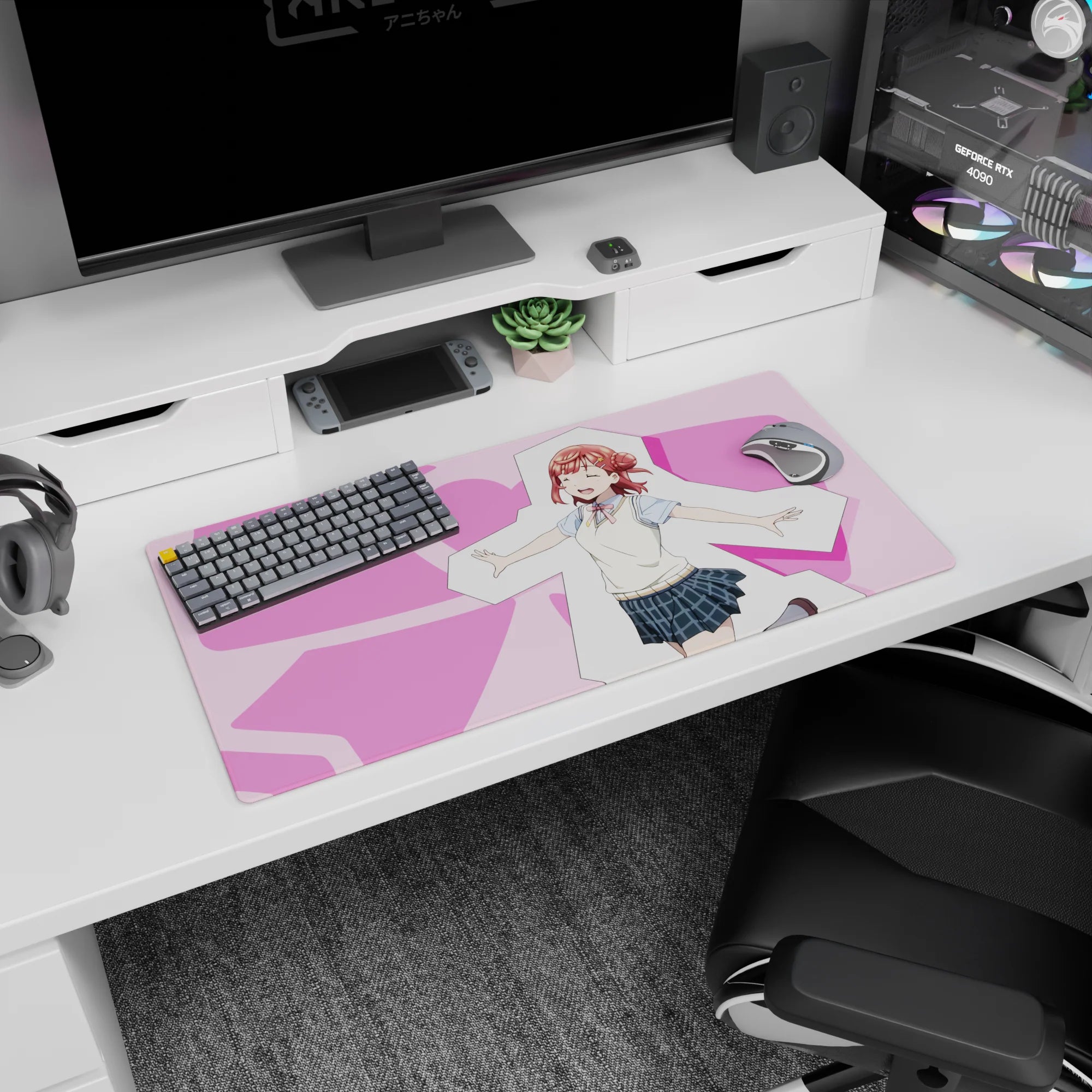 32x16 inches Chika Takami Love Live Sunshine mouse pad, grinning idol in vest and plaid skirt.