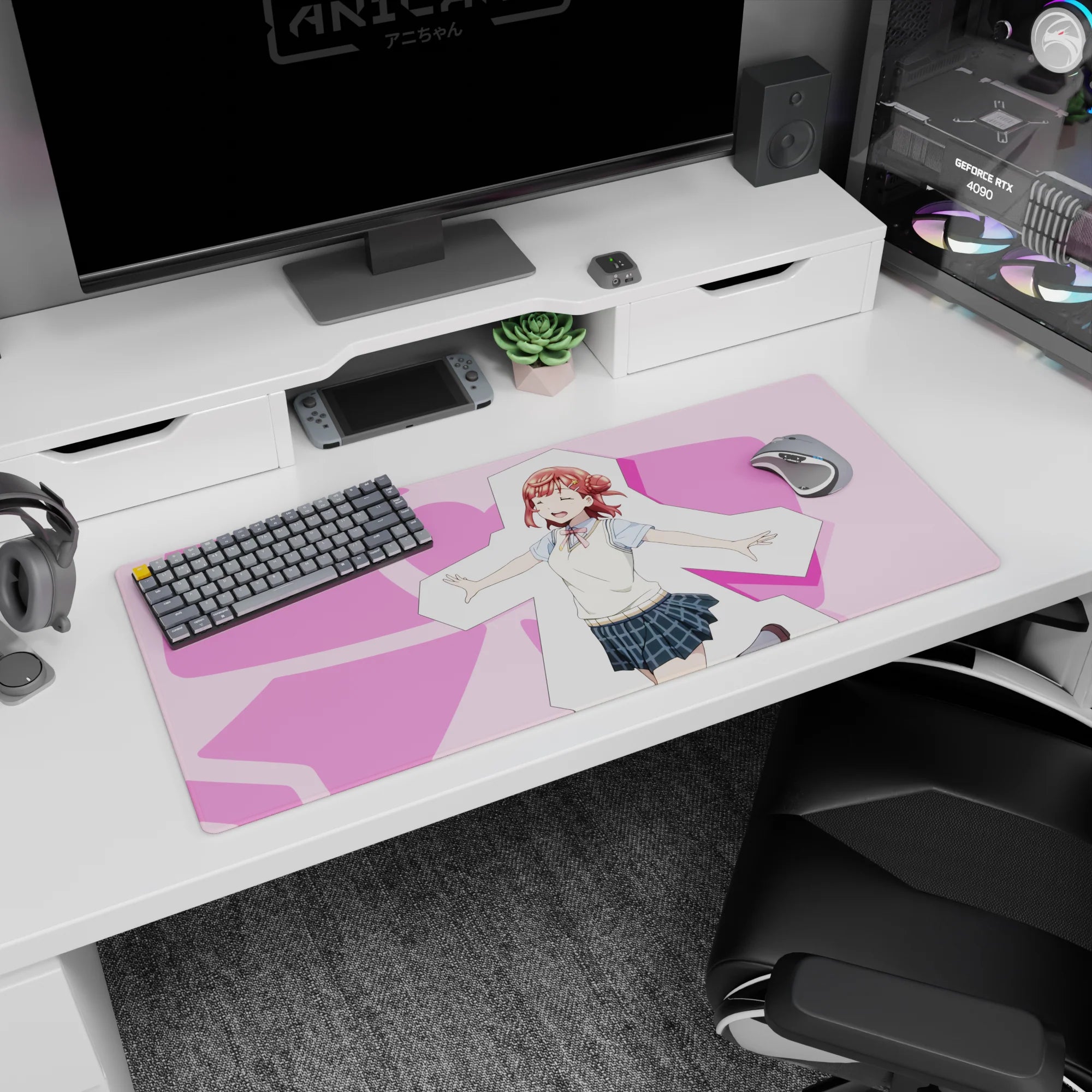 36x16 inches Chika Takami Love Live Sunshine desk pad, grinning in vest and blue plaid skirt.
