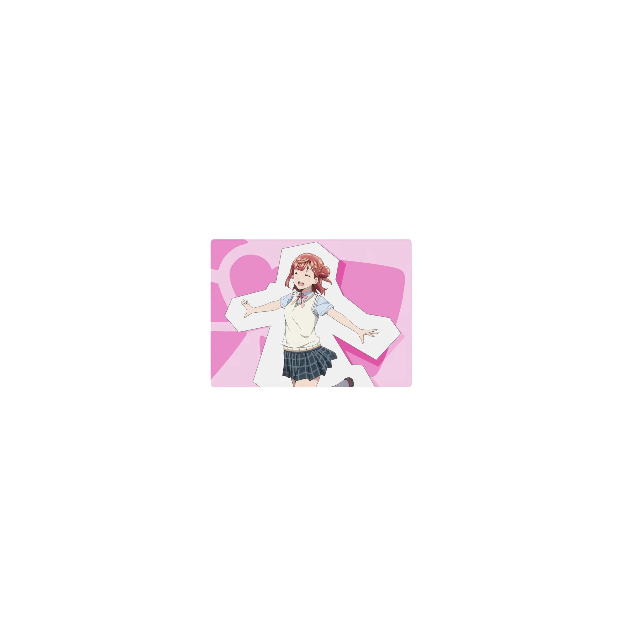 Classic anime girl mouse pad 14x10 inches with idol-style pose, crisp print, hearts and chunky shapes backdrop.