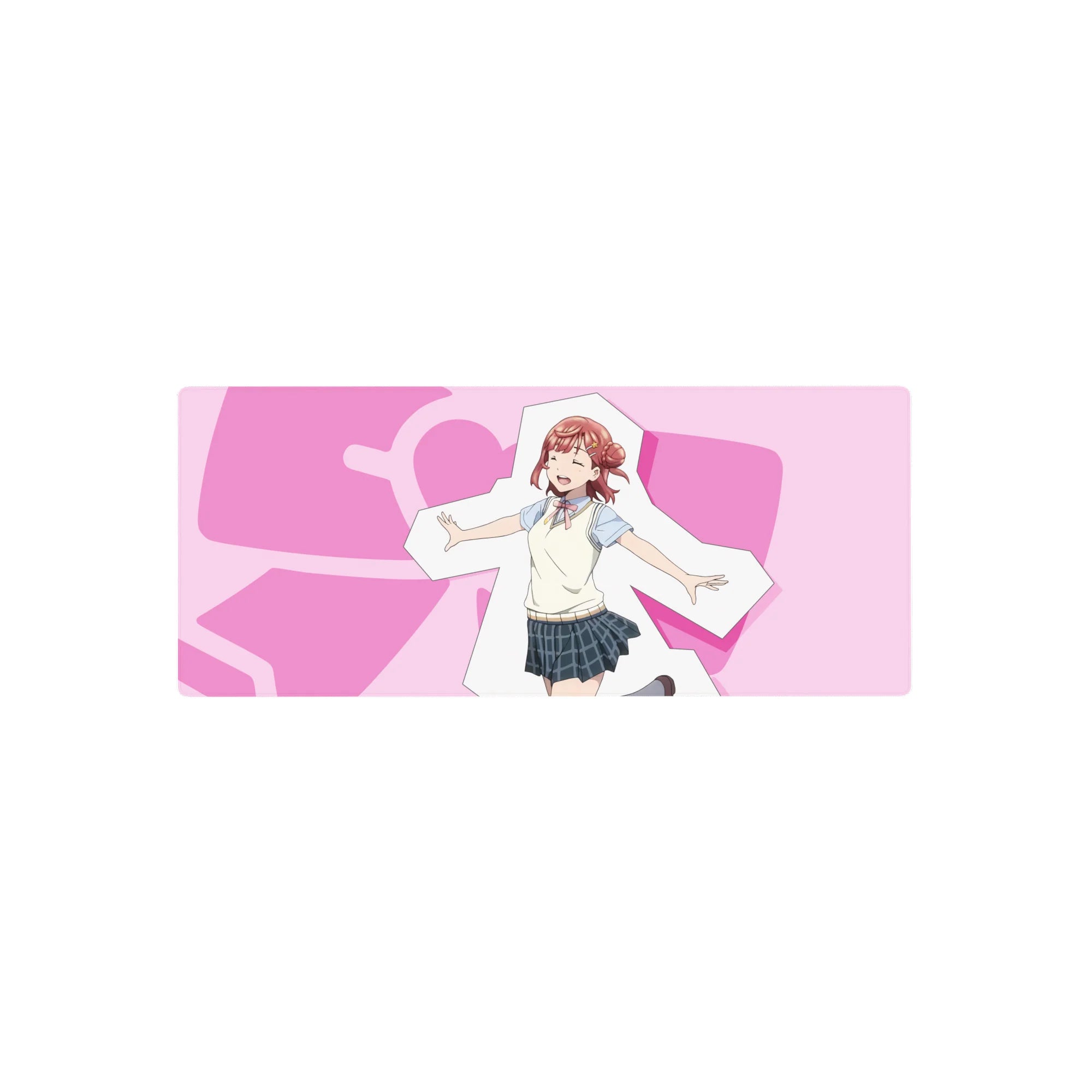 Anime girl mouse pad 28x12 inches with cute idol pose, hearts backdrop, crisp anime print.