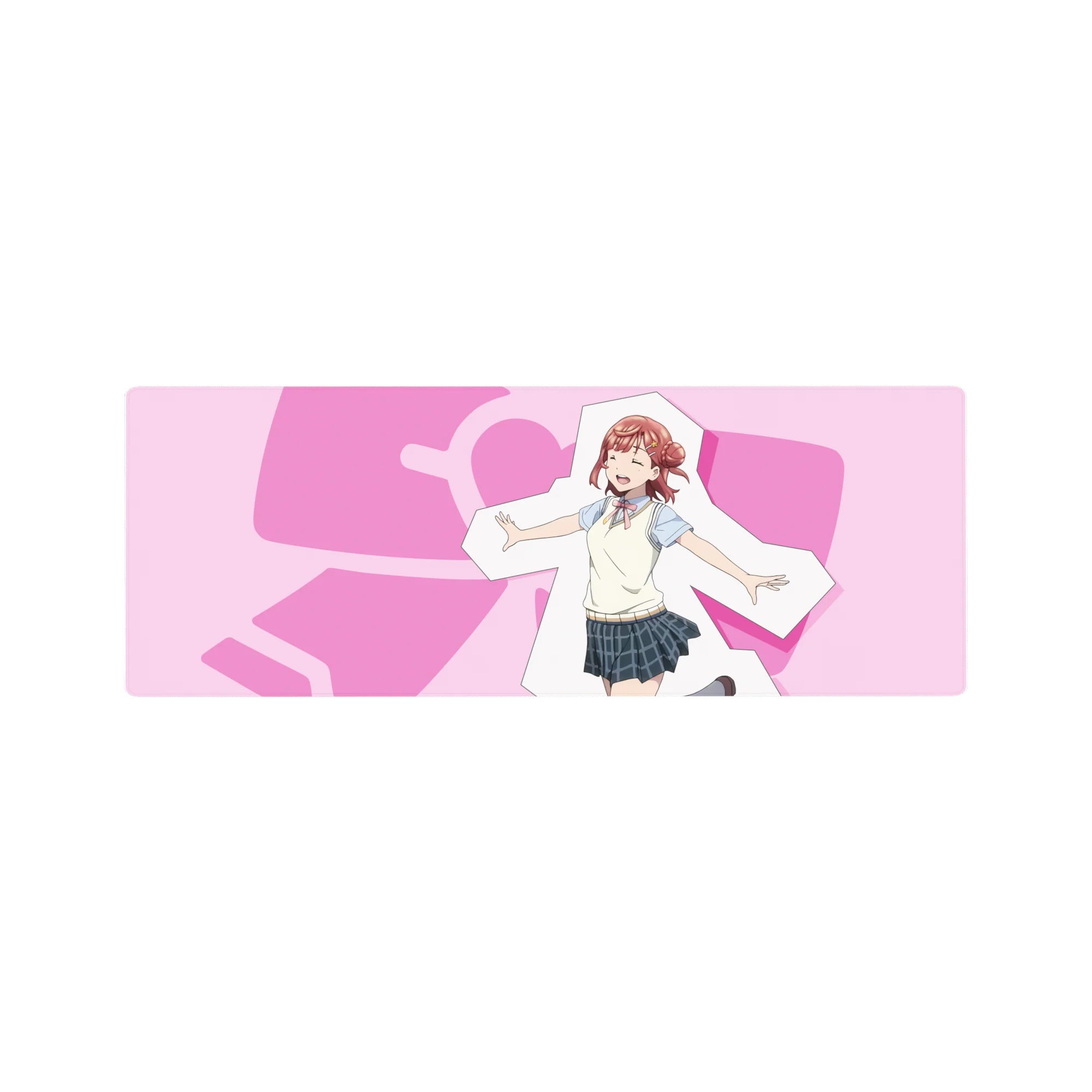 32x12 inches anime girl mouse pad with Chika Takami, pink heart backdrop, cream vest and blue plaid skirt.