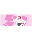 32x12 inches anime girl mouse pad with Chika Takami, pink heart backdrop, cream vest and blue plaid skirt.