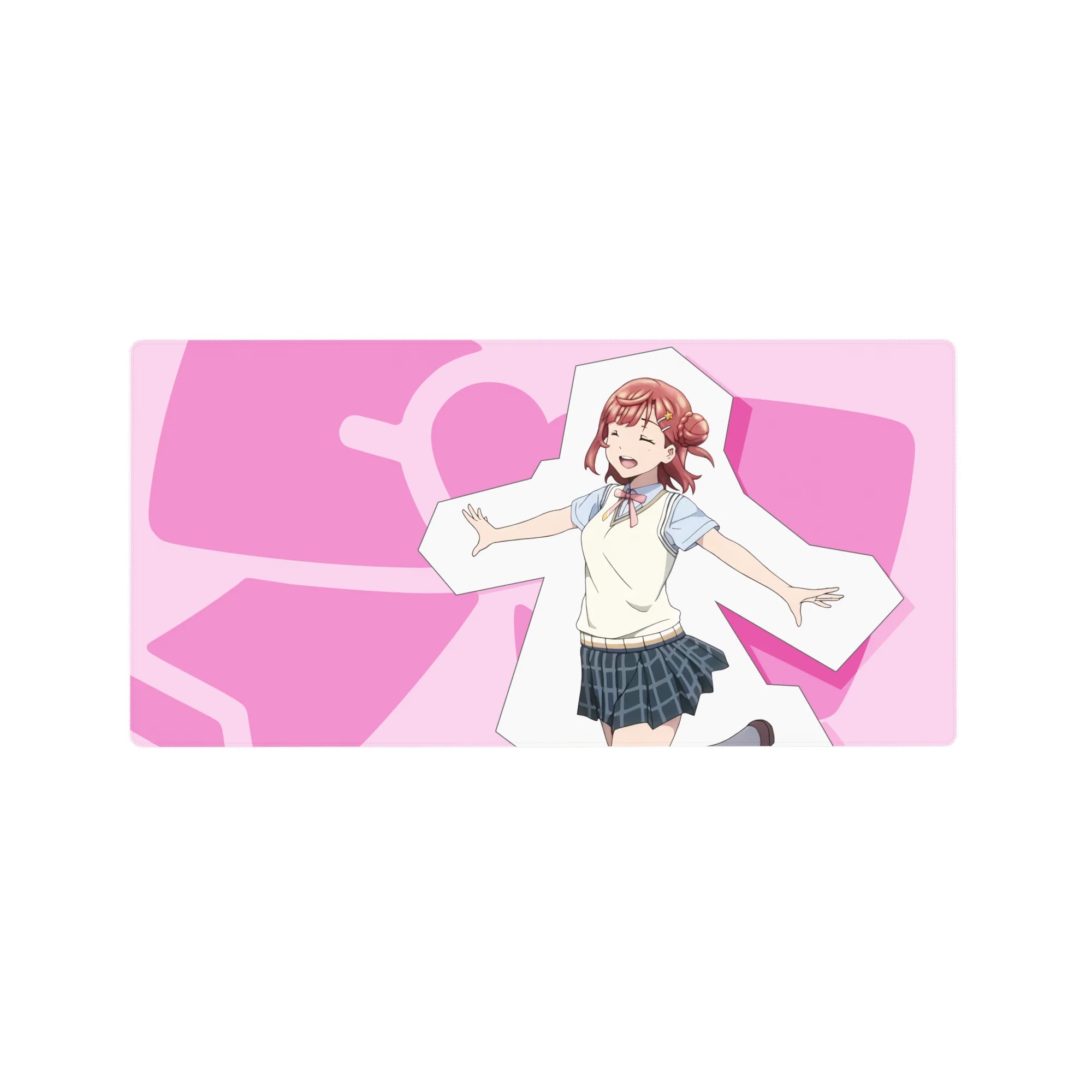 32x16 inches anime girl mouse pad with idol pose, crisp print, hearts and chunky shapes background.