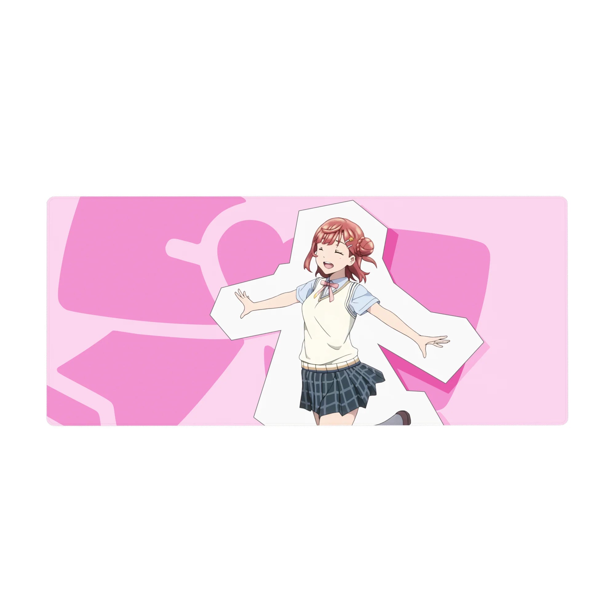 36x16 inches anime girl desk pad with idol pose, hearts backdrop, crisp print for gaming and work.