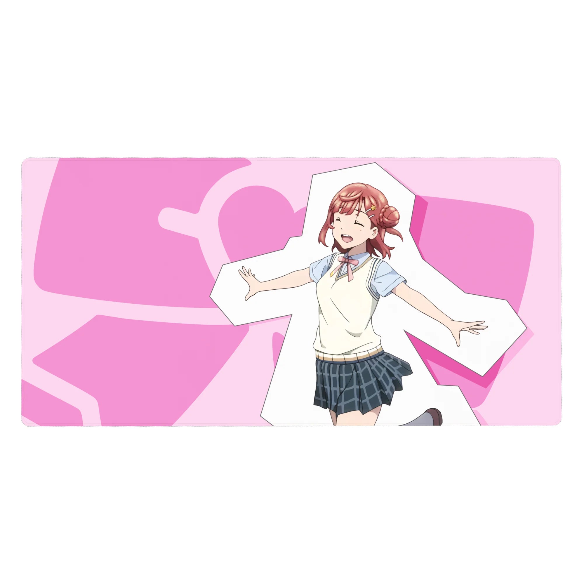 40x20 inches anime girl desk pad with Chika Takami, pink hearts backdrop, idol pose, crisp print.