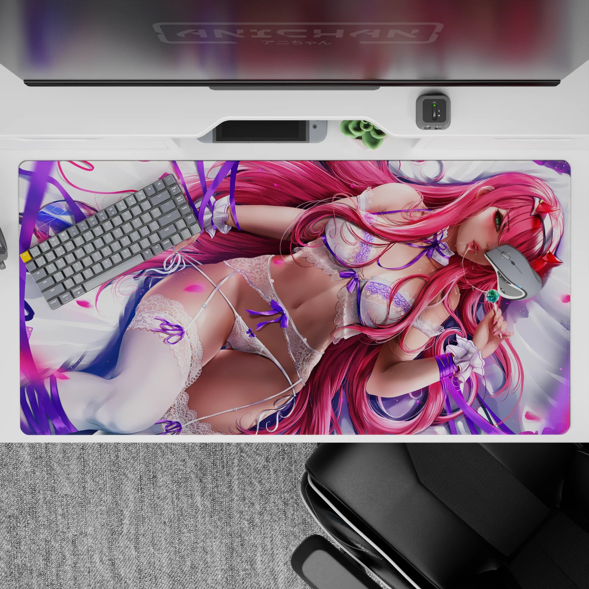 Enchanting 40x20 mouse pad transforms your workspace into a realm of elegance, blending Zero Two’s mysterious gaze with intricate textures for an immersive vibe