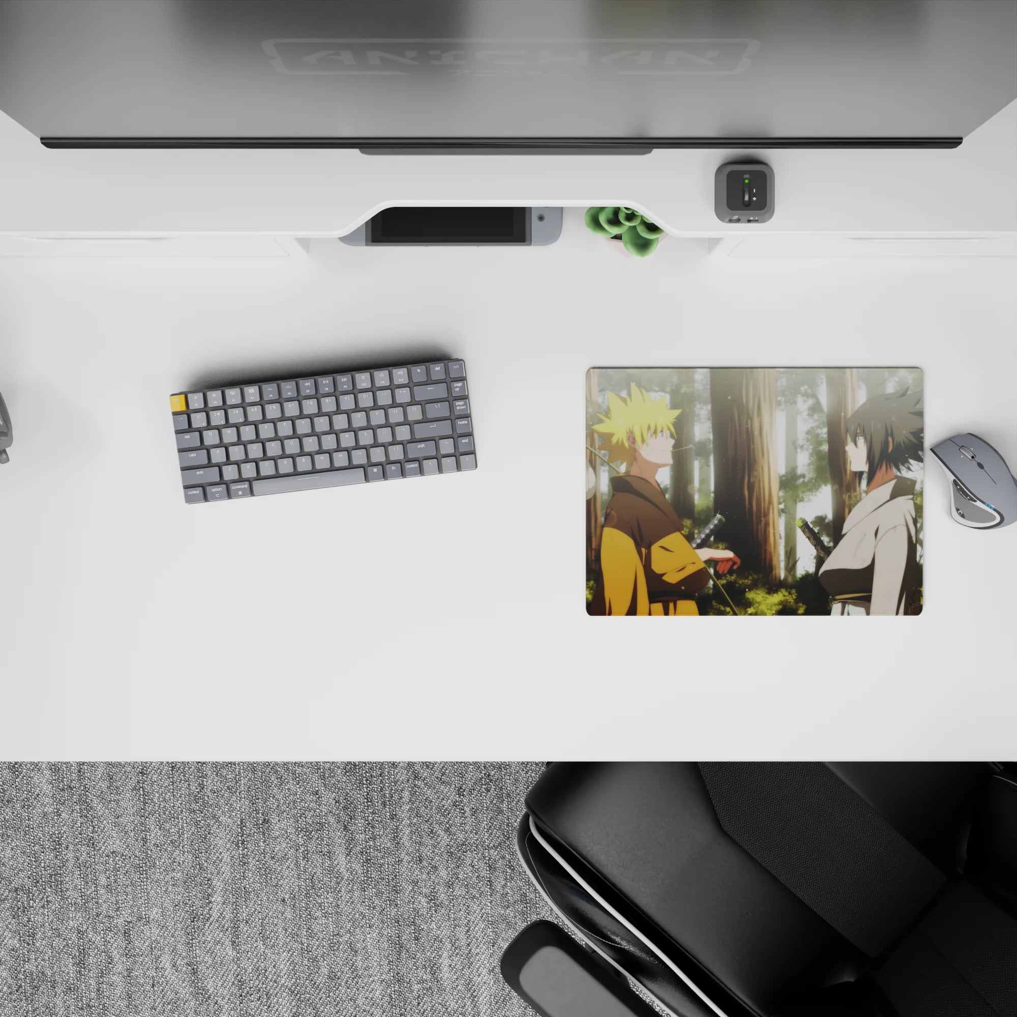 14x10 inches anime mouse pad in warm golds and cool whites, soft light, calm-before-chaos mood.