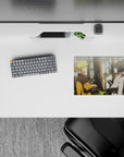 14x10 inches anime mouse pad in warm golds and cool whites, soft light, calm-before-chaos mood.