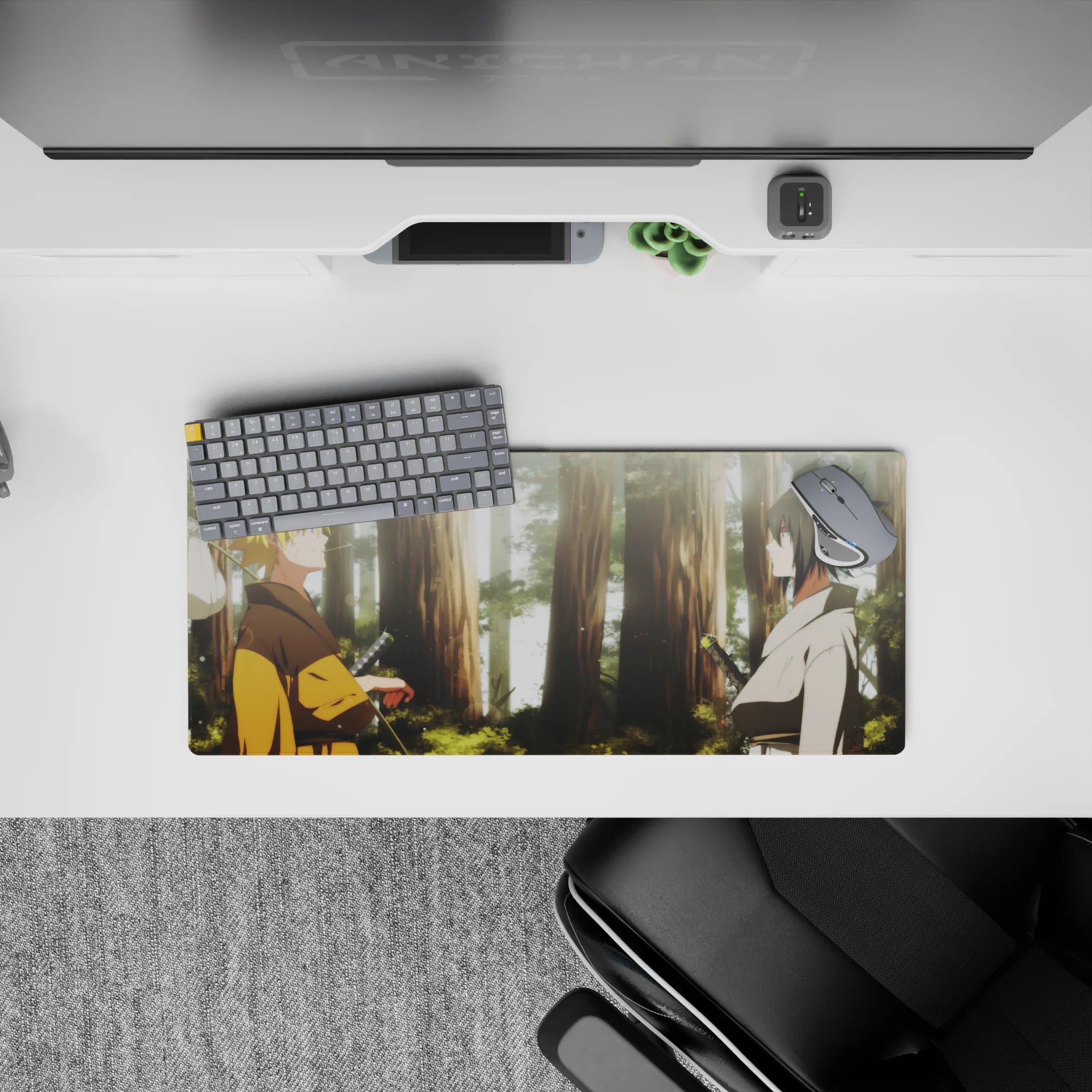 28x12 inches Naruto mouse pad in warm golds and cool whites, misty greens, calm-before-chaos glow.