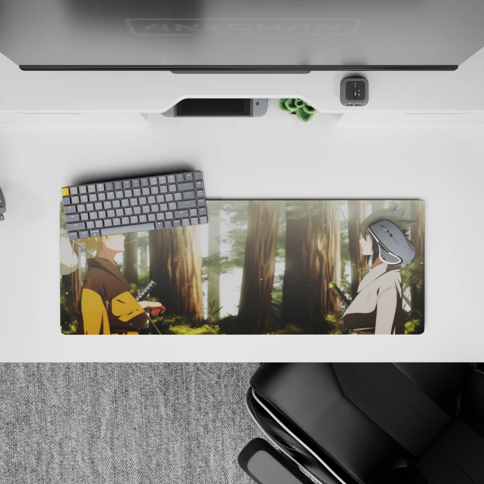 Soft-lit anime mouse pad 32x12 inches in warm golds and cool whites with misty green woods.