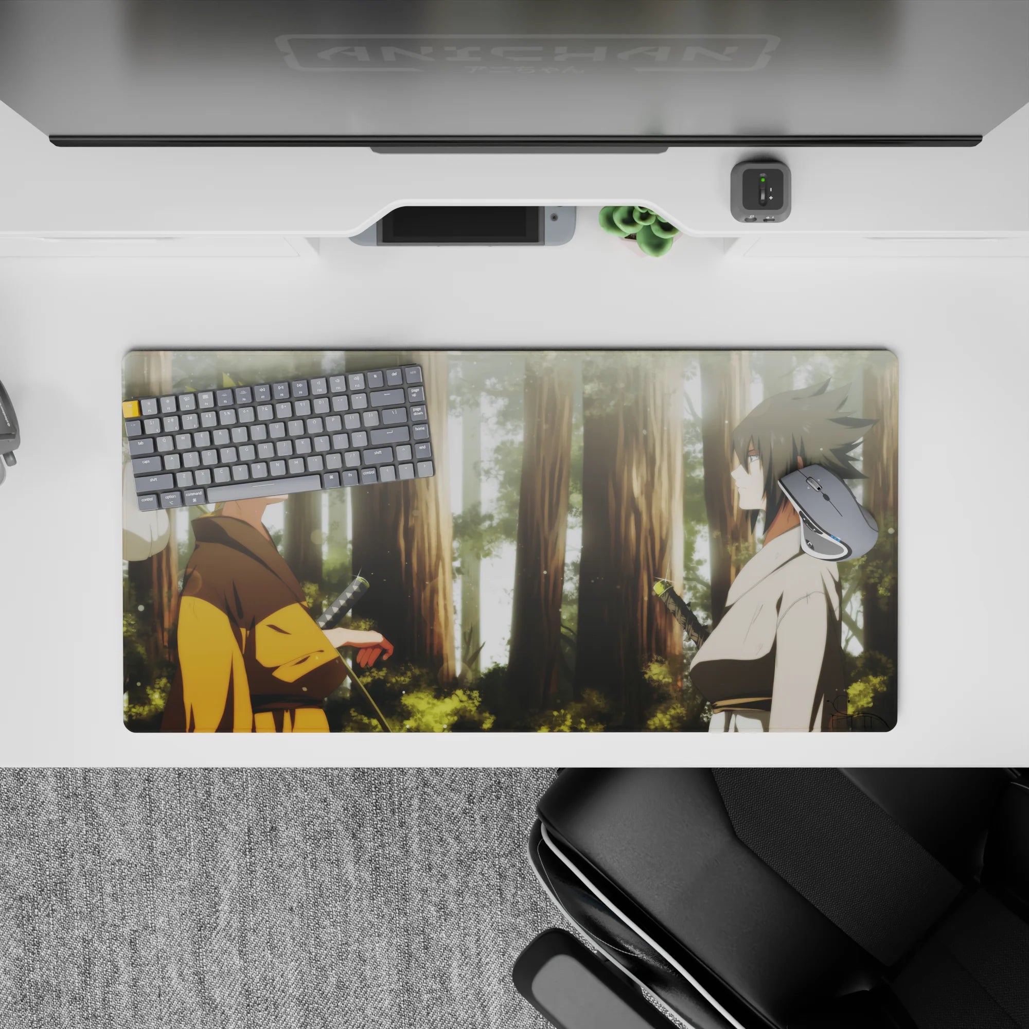 Warm golds and cool whites in a misty green forest, calm-before-chaos mouse pad 32x16 inches.
