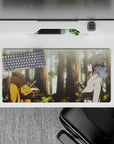 Warm golds and cool whites in a misty green forest, calm-before-chaos mouse pad 32x16 inches.
