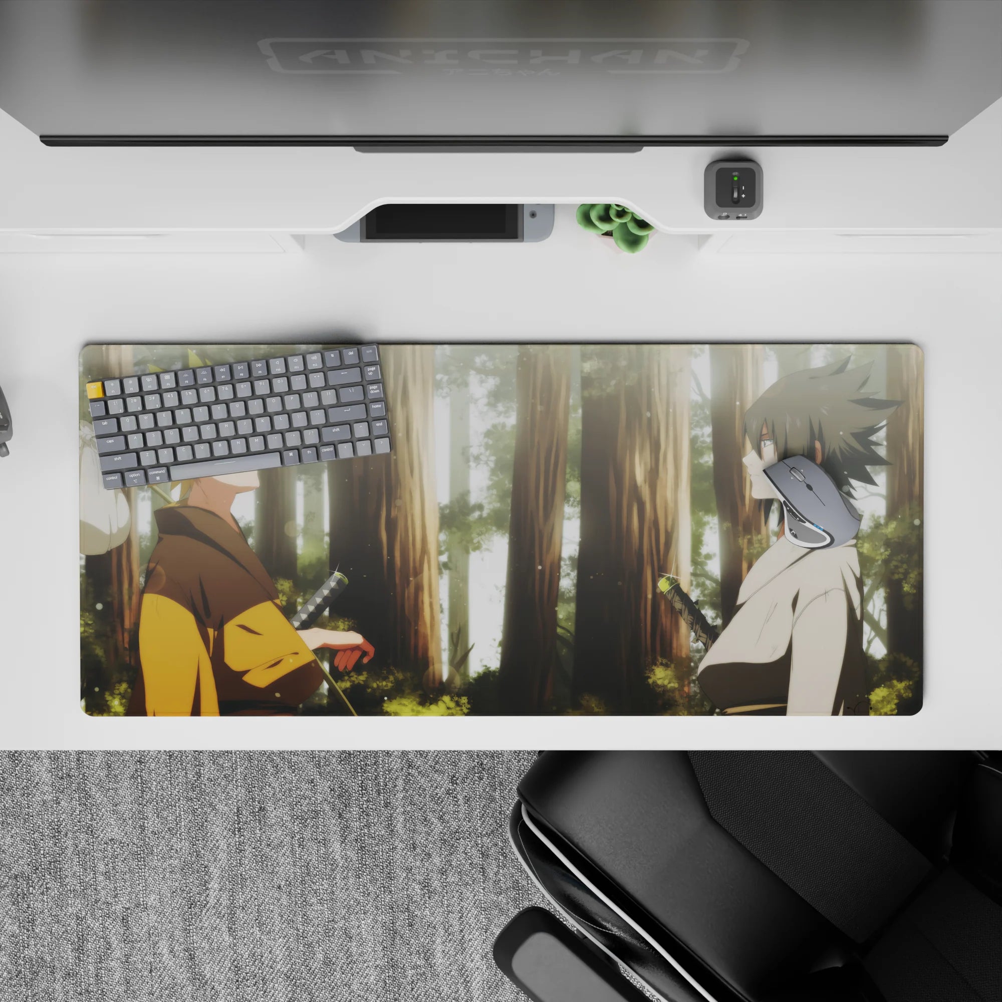 36x16 inches anime desk pad in warm gold and cool white tones, calm-before-chaos glow, subtle specks.