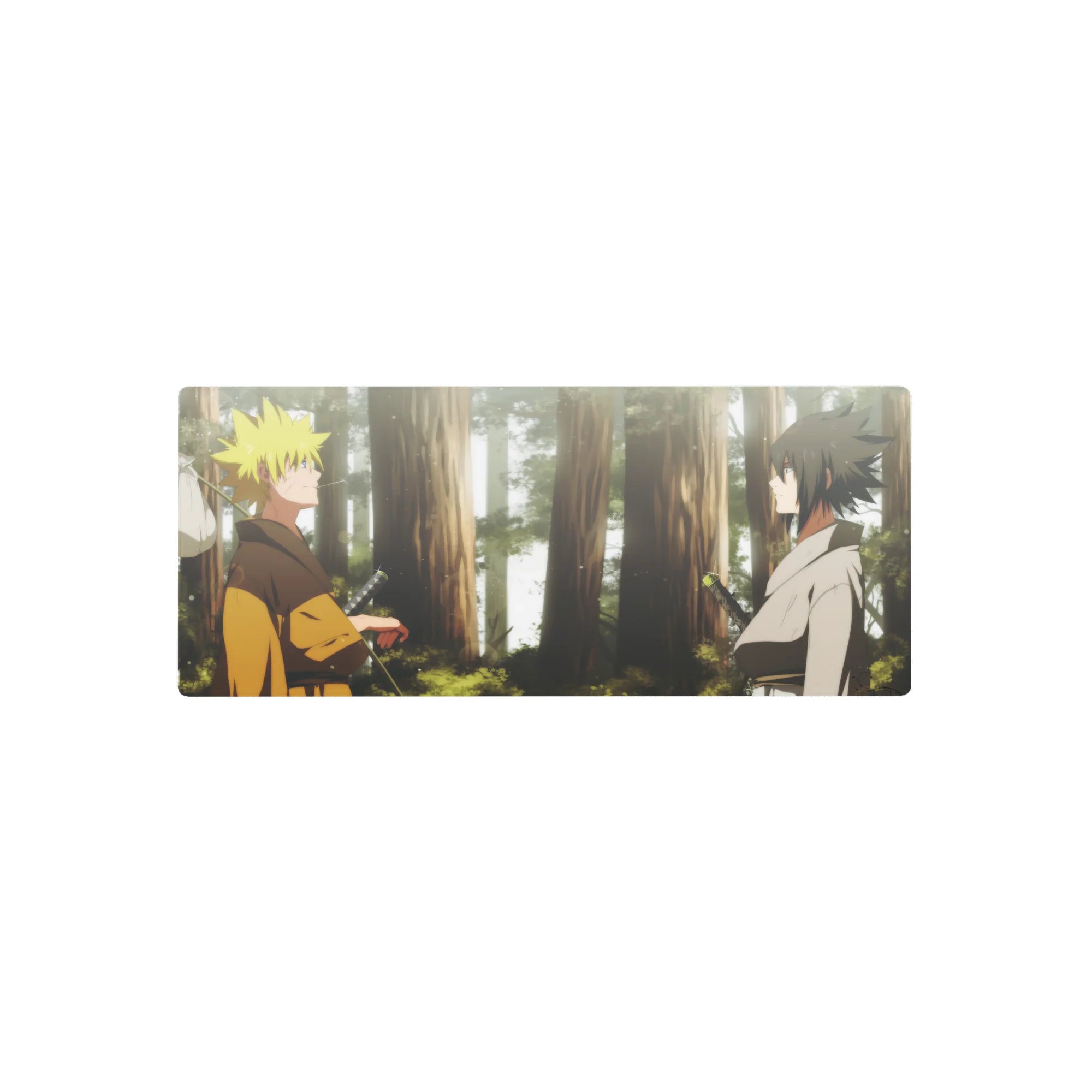 28x12 inches anime mouse pad featuring Naruto and Sasuke in a serene forest standoff scene.