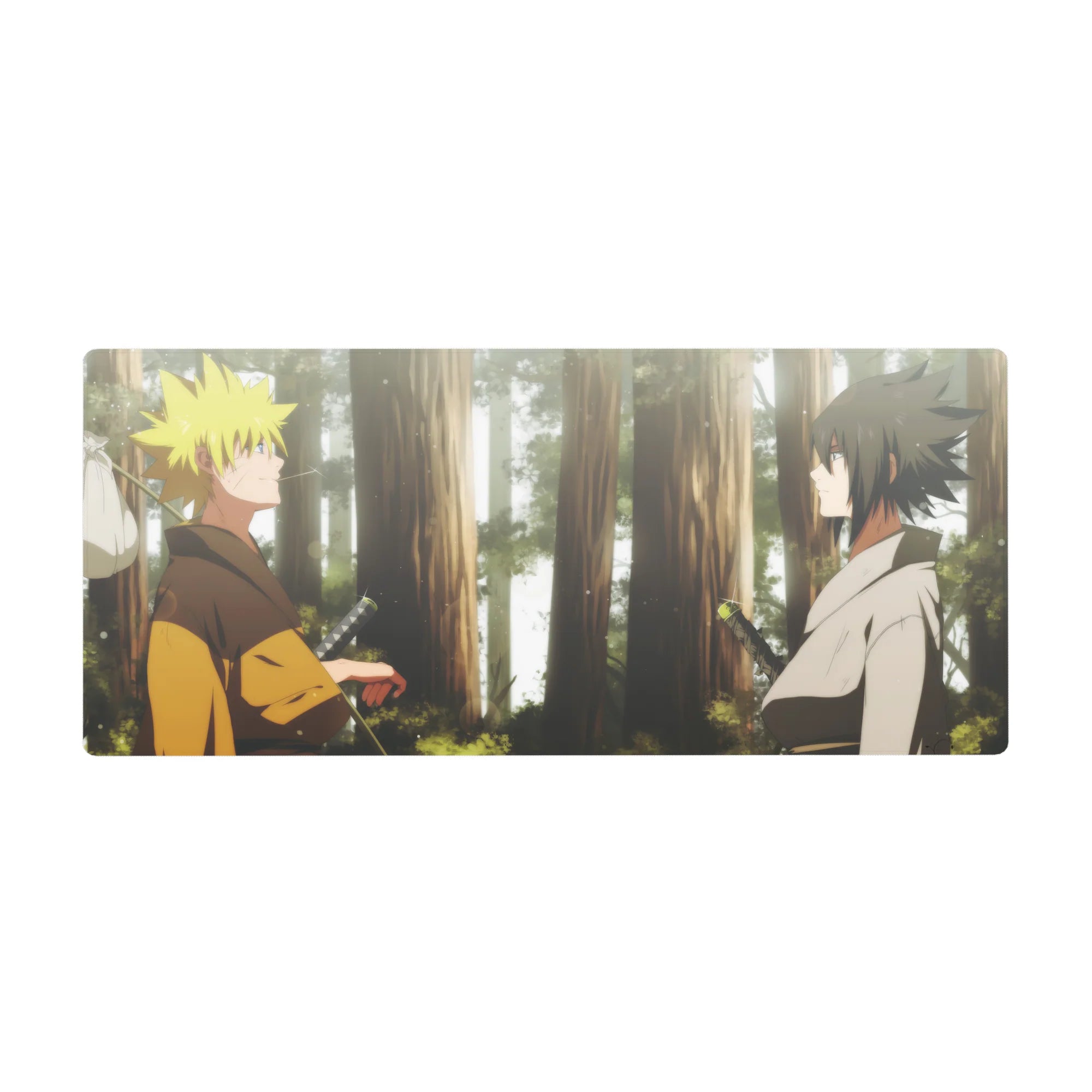 Naruto anime desk pad 36x16 inches with forest encounter scene, soft light, misty green background.
