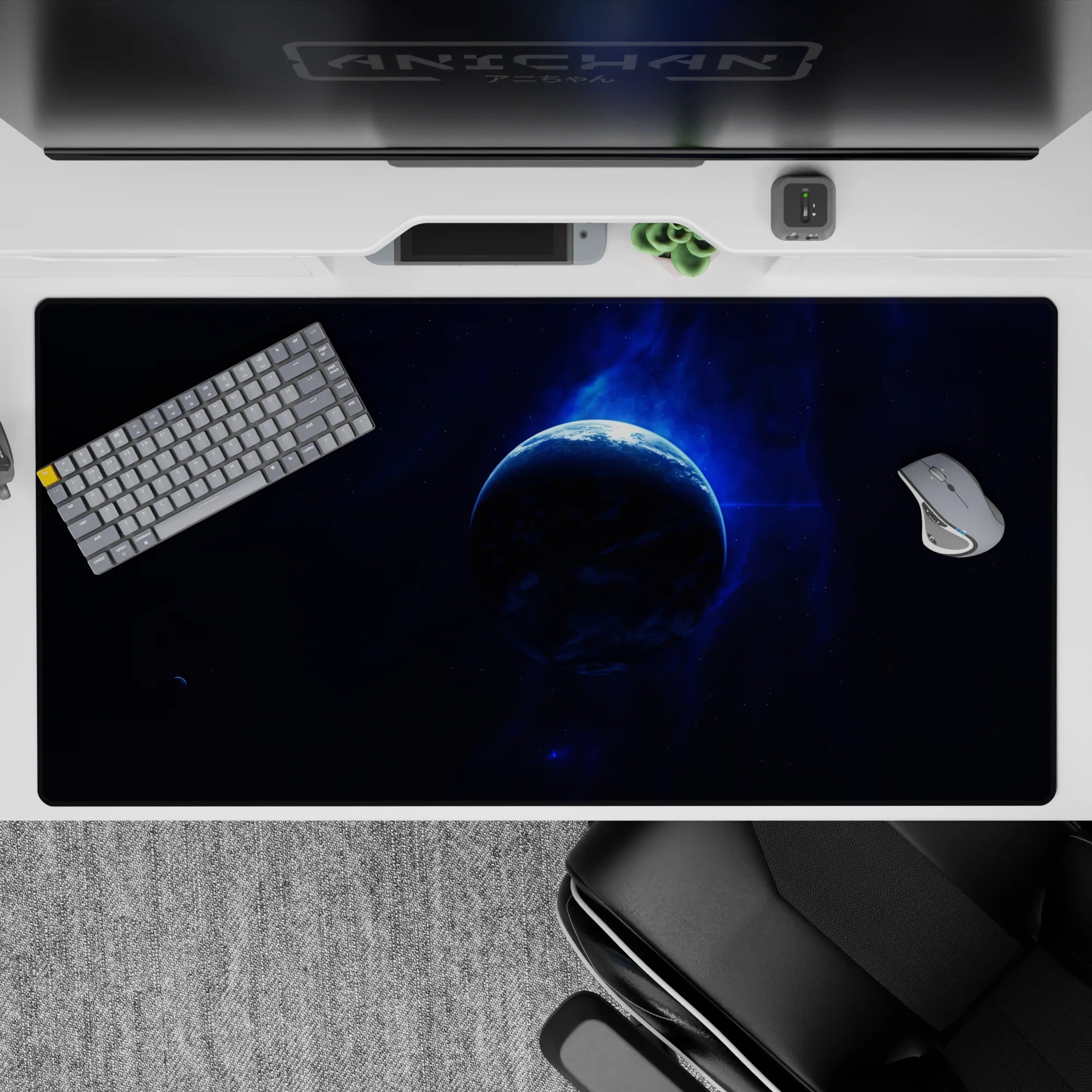 Moody navy-to-electric blue desk pad 40x20 inches with soft gradients and calming night vibe.