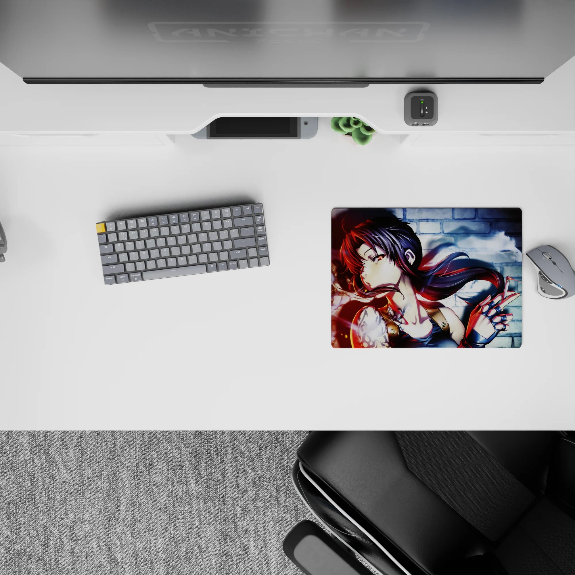 Moody neon red-blue anime girl mouse pad 14x10 inches with smoky swirls and street-art bad-girl vibe.