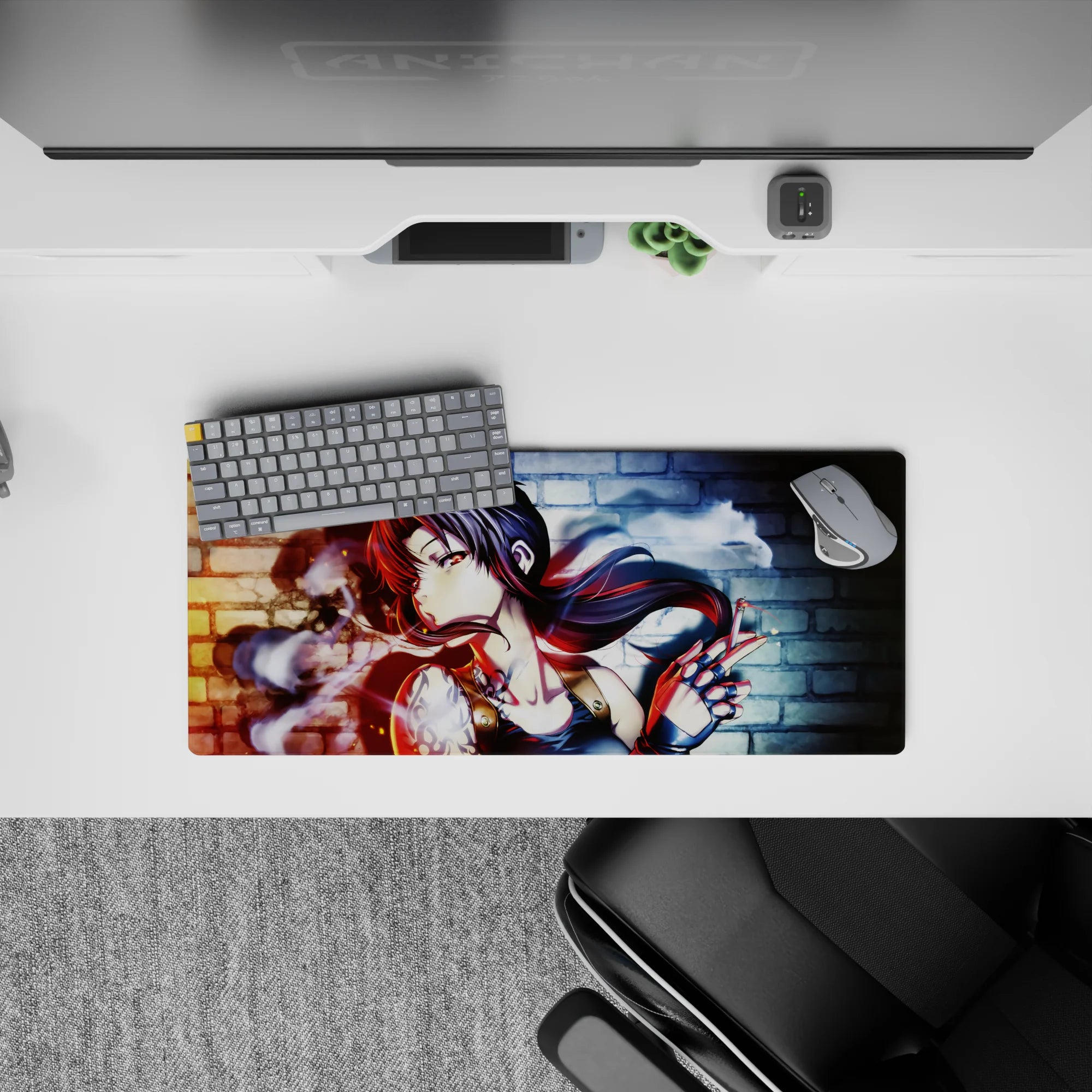 28x12 inches anime girl mouse pad in moody red-blue glow with smoky swirls and high-contrast street vibe.
