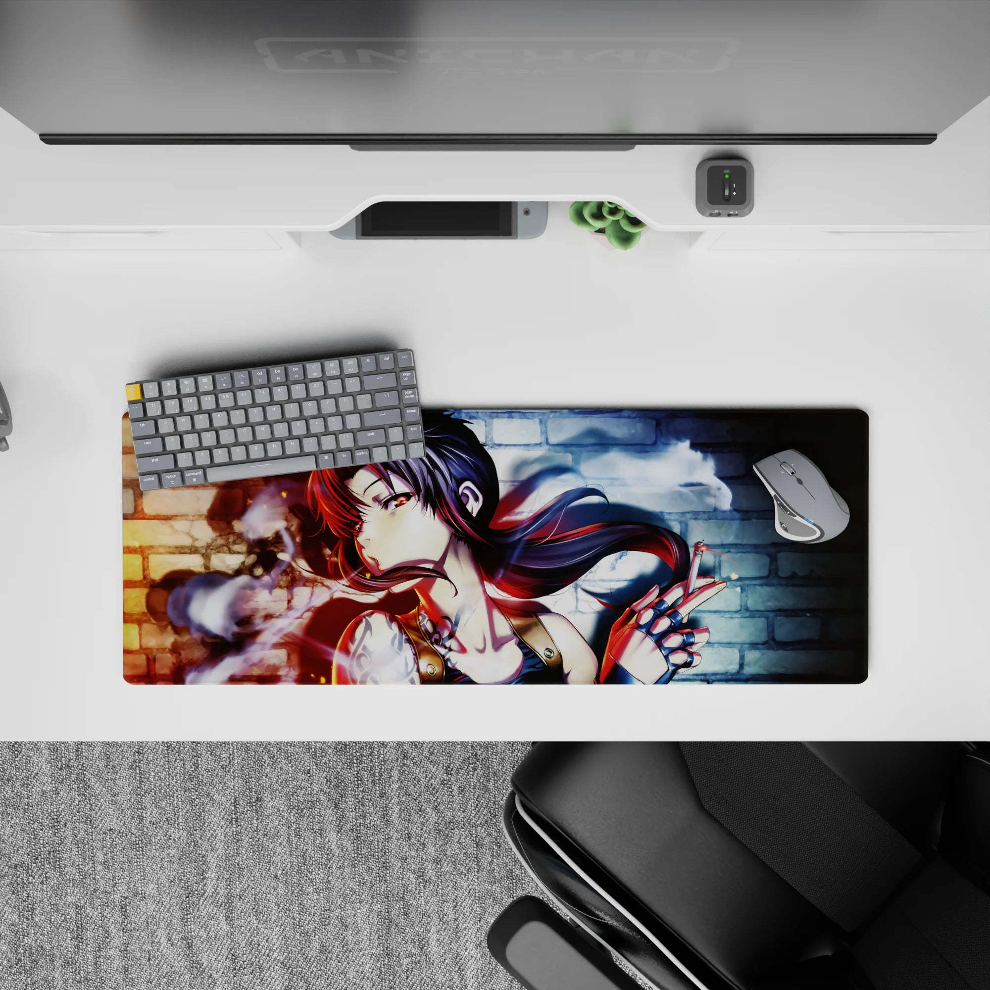 32x12 inches anime girl mouse pad in moody red-blue neon glow with smoky swirls and bold contrast.