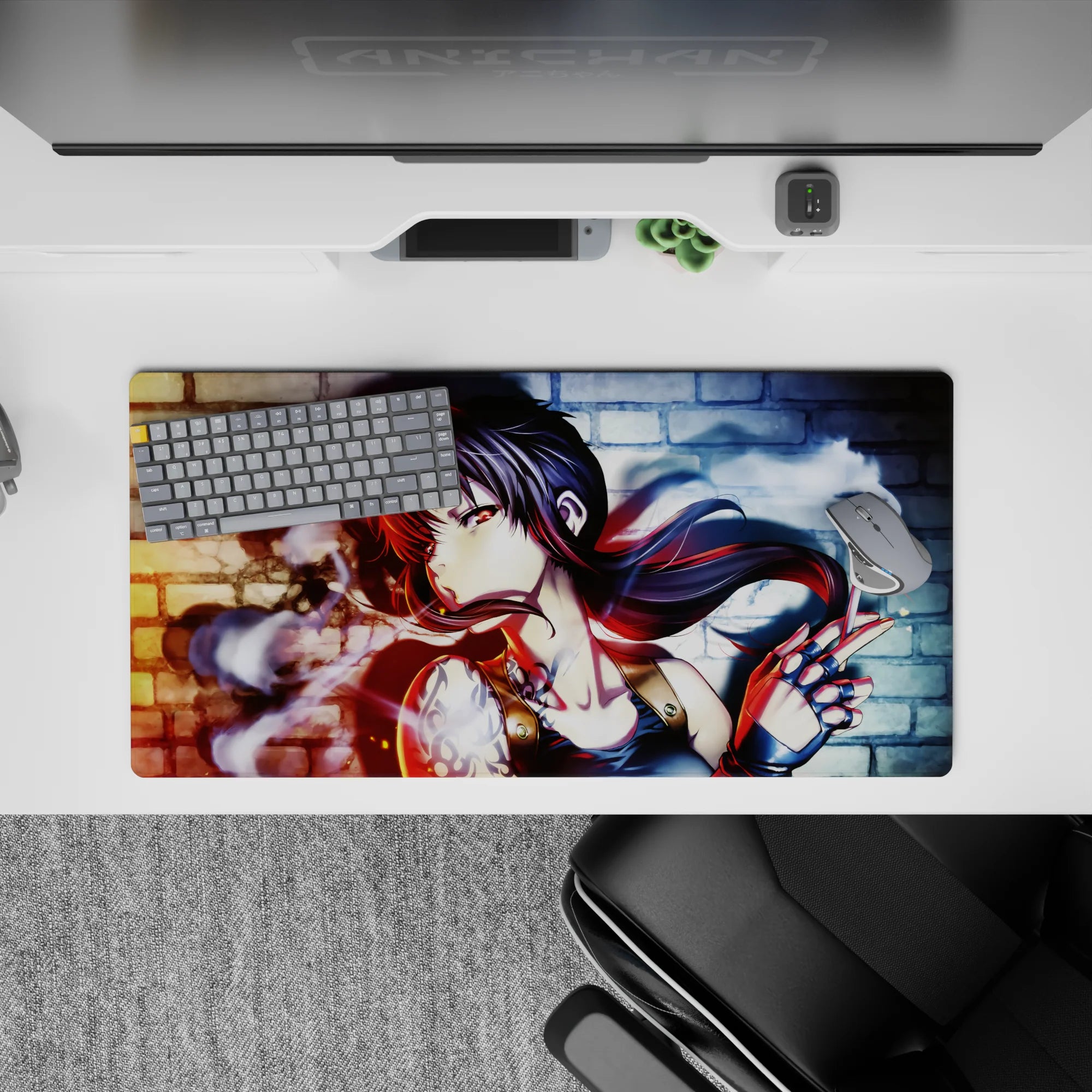 32x16 inches anime girl mouse pad in moody red-blue neon glow with smoky swirls and high-contrast street vibe.