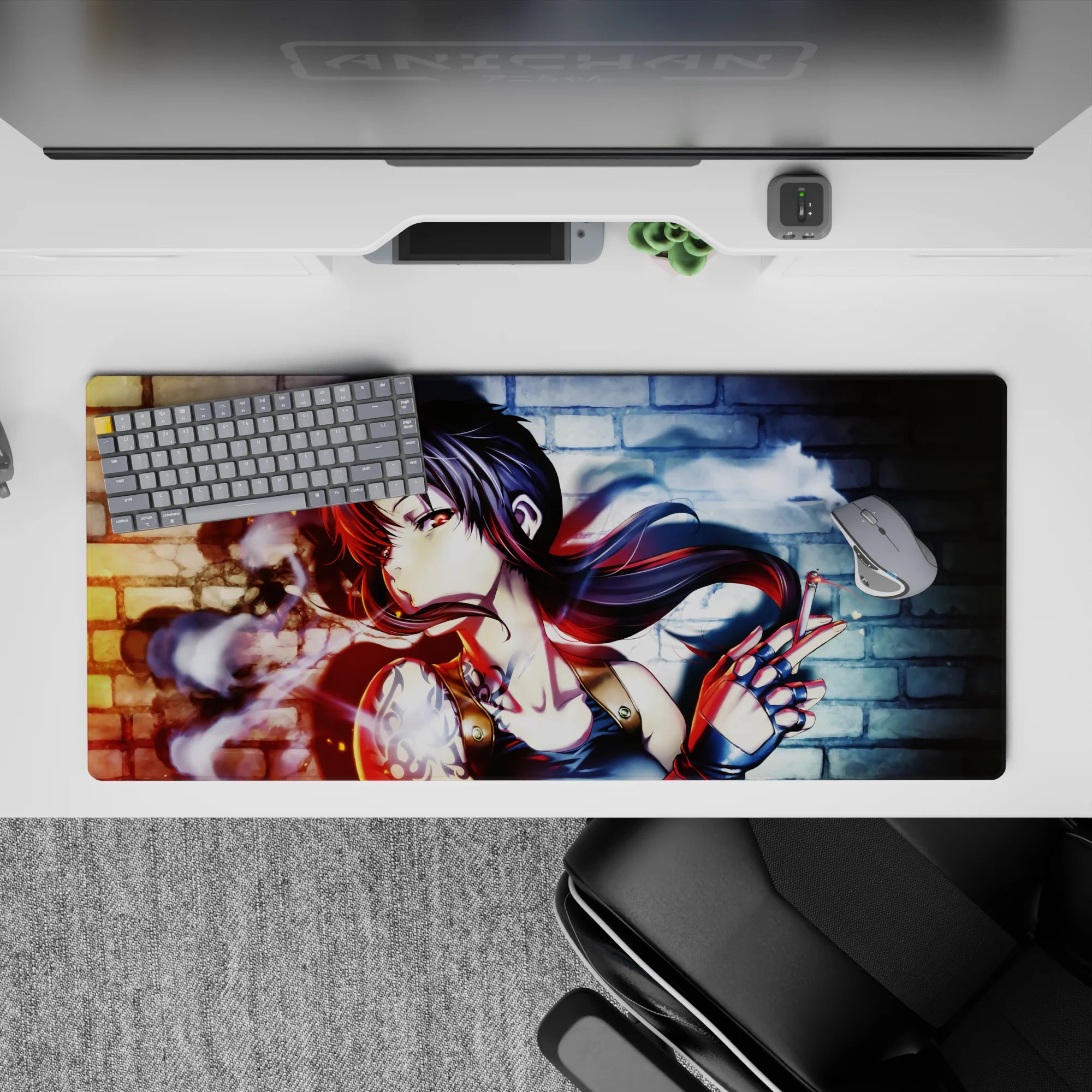 Moody anime desk pad 36x16 inches in red-blue neon glow with dark street-art vibe and bold contrast.