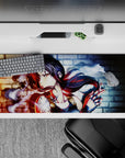 Moody anime desk pad 36x16 inches in red-blue neon glow with dark street-art vibe and bold contrast.