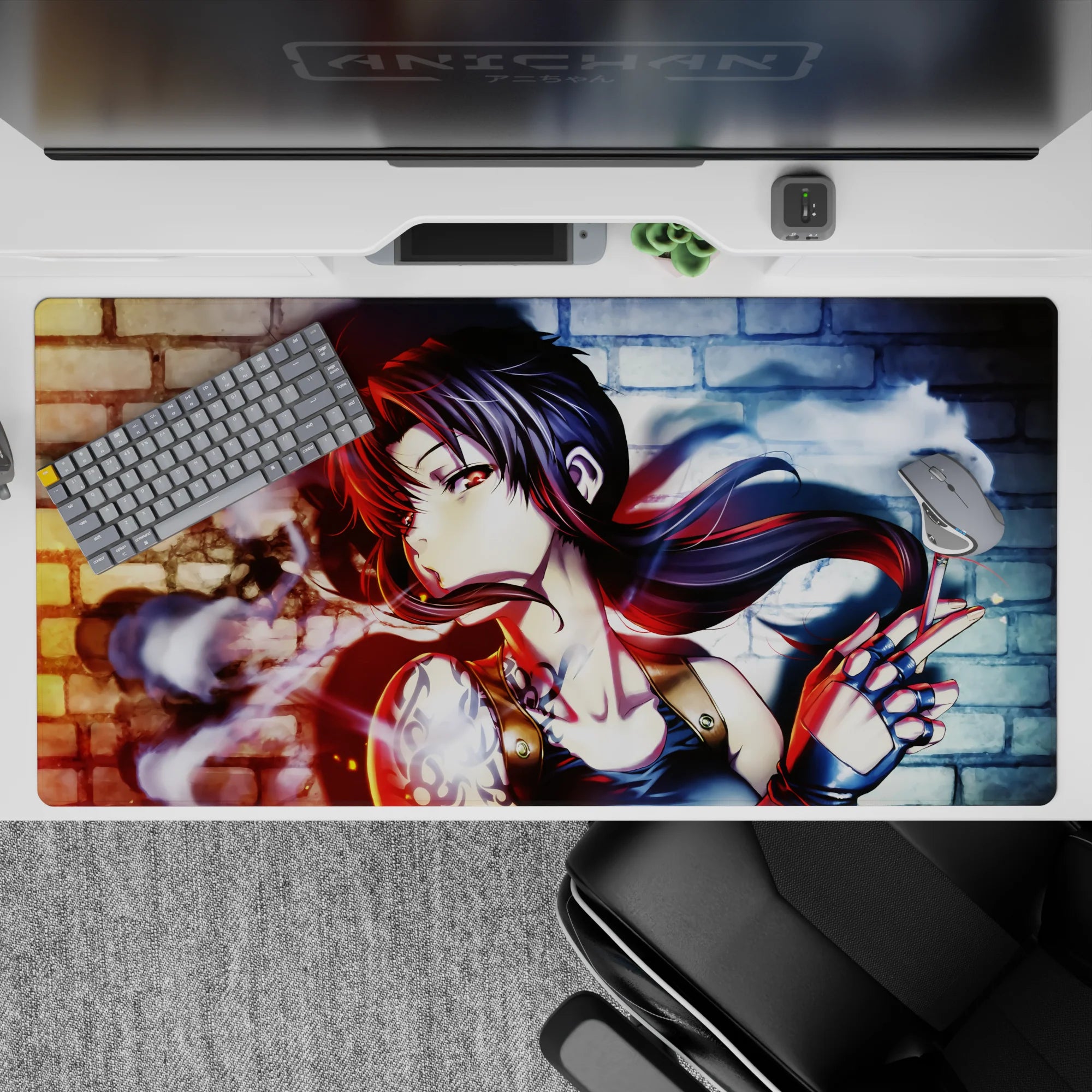 Moody neon red and blue glow anime desk pad 40x20 inches with smoky swirls and dark street-art vibe.