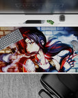 Moody neon red and blue glow anime desk pad 40x20 inches with smoky swirls and dark street-art vibe.