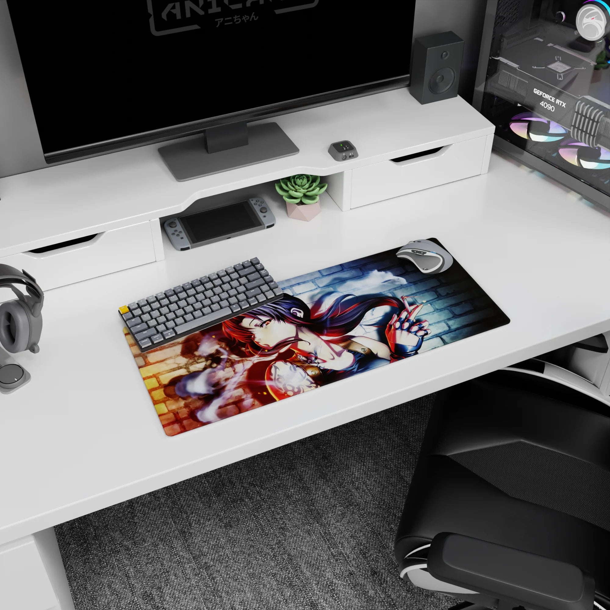 28x12 inches mouse pad showing fierce anime girl with piercing eyes, tattooed shoulder, and brick backdrop.