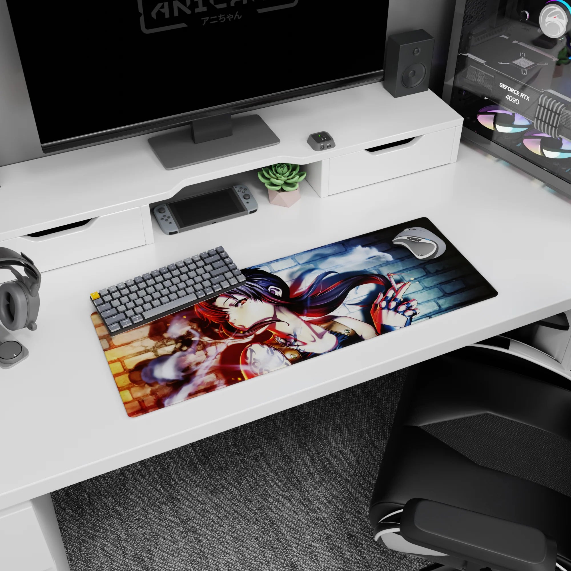 32x12 inches anime girl mouse pad featuring piercing-eyed girl with tattooed shoulder and fingerless gloves.