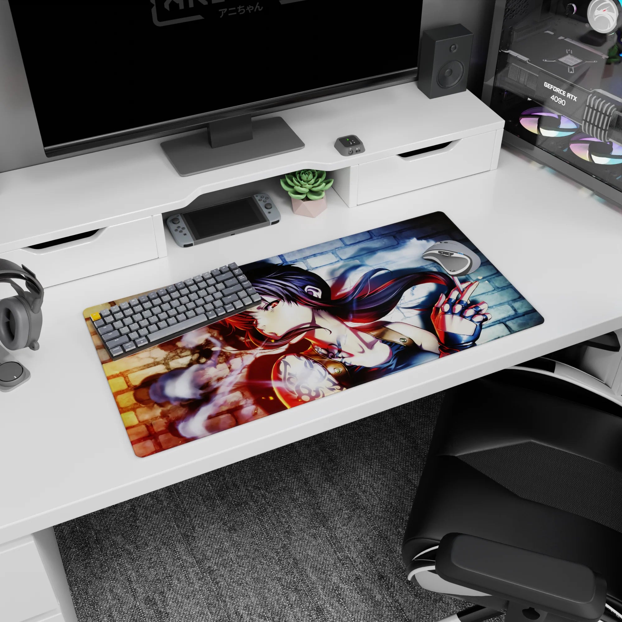 32x16 inches anime girl mouse pad showing long black hair, piercing eyes, tattooed shoulder, brick backdrop.