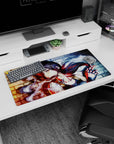 32x16 inches anime girl mouse pad showing long black hair, piercing eyes, tattooed shoulder, brick backdrop.