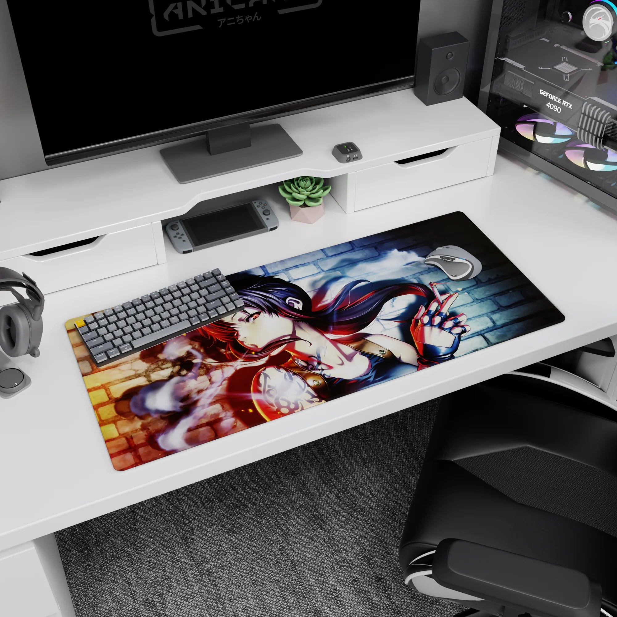 Anime girl desk pad 36x16 inches featuring piercing eyes, tattooed shoulder, and fingerless gloves.