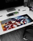 Anime girl desk pad 36x16 inches featuring piercing eyes, tattooed shoulder, and fingerless gloves.